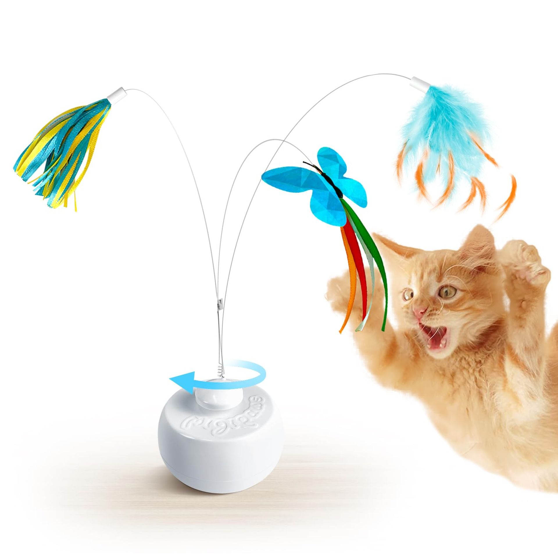 Interactive Cat Toy with Spinning Butterfly & Feathers, Touch Sensor Ball & 3 Replacement Attachments for Indoor Play