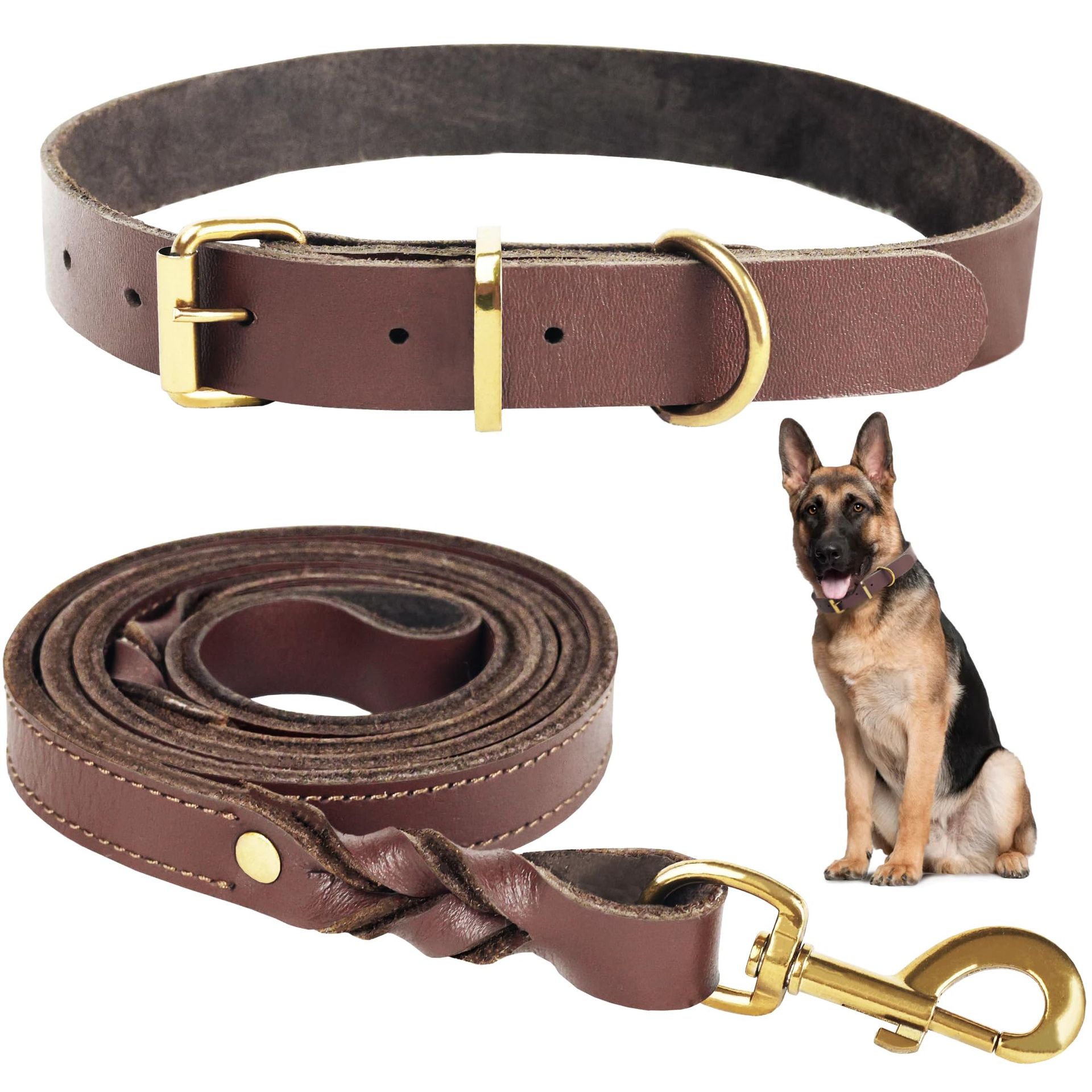 Premium Leather Dog Leash and Collar Set Soft Comfortable Design for Training and Walking - Brown Large