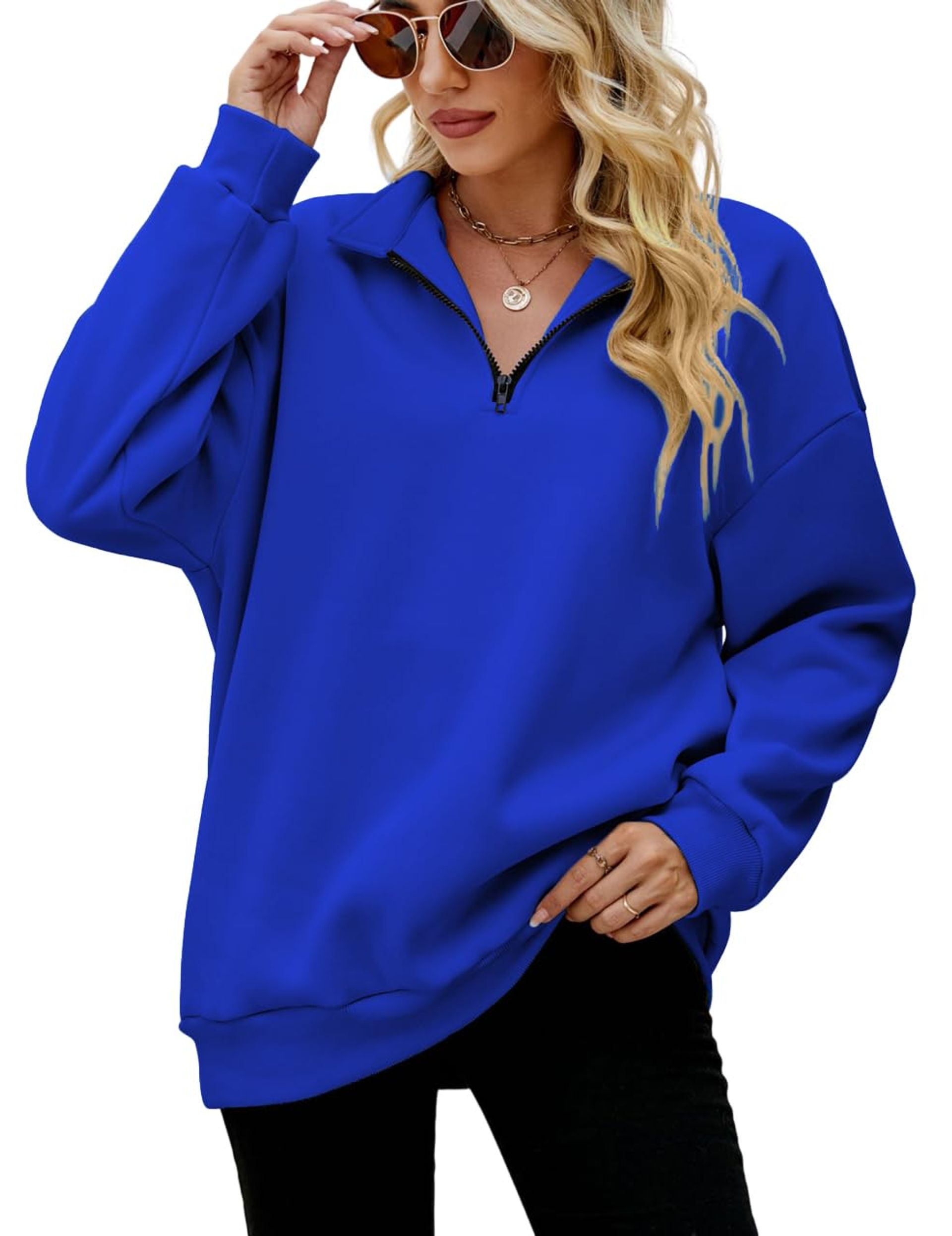 Women's Oversized Sweatshirt Long Sleeve Quarter Zip Casual Pullover Top - Blue M
