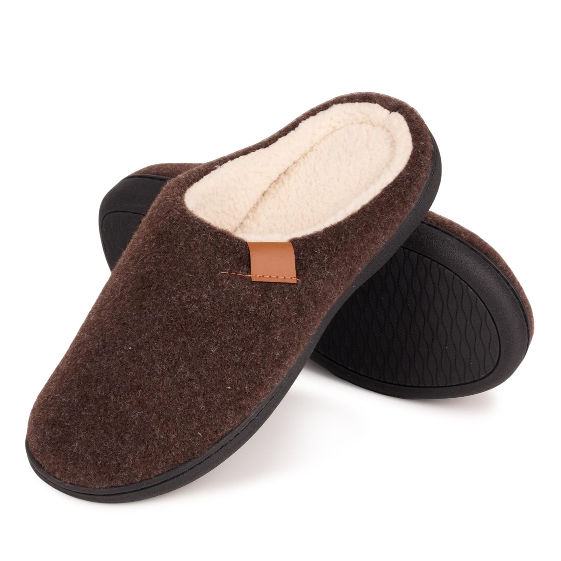 Men's Memory Foam Slippers with Anti-Slip Sole – Warm Wool Lined House Shoes for Winter Comfort - Brown Size 10/11 UK