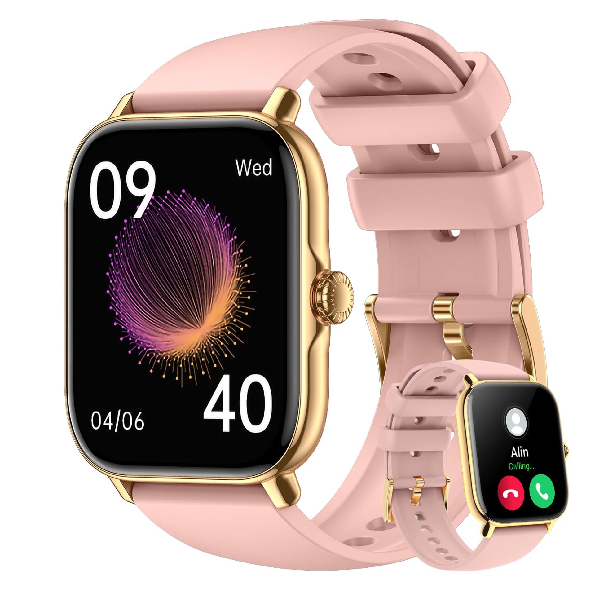 Smart Watch with Call Function, 1.91" Touch Screen Fitness Tracker, Heart Rate & Sleep Monitor, IP68 Waterproof - Pink 40.8*37.8*10.7mm