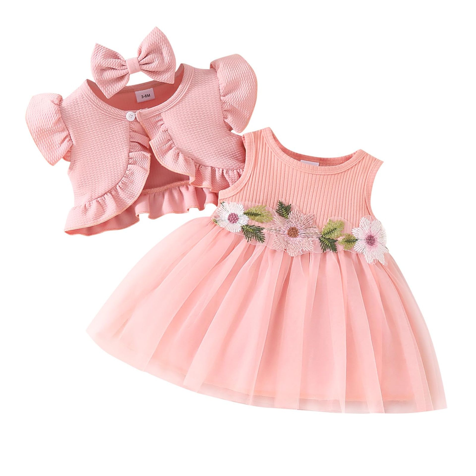 Baby Girl 3 Piece Summer Outfit Floral Dress with Bolero Shrug and Headband - Pink 18-24 Months