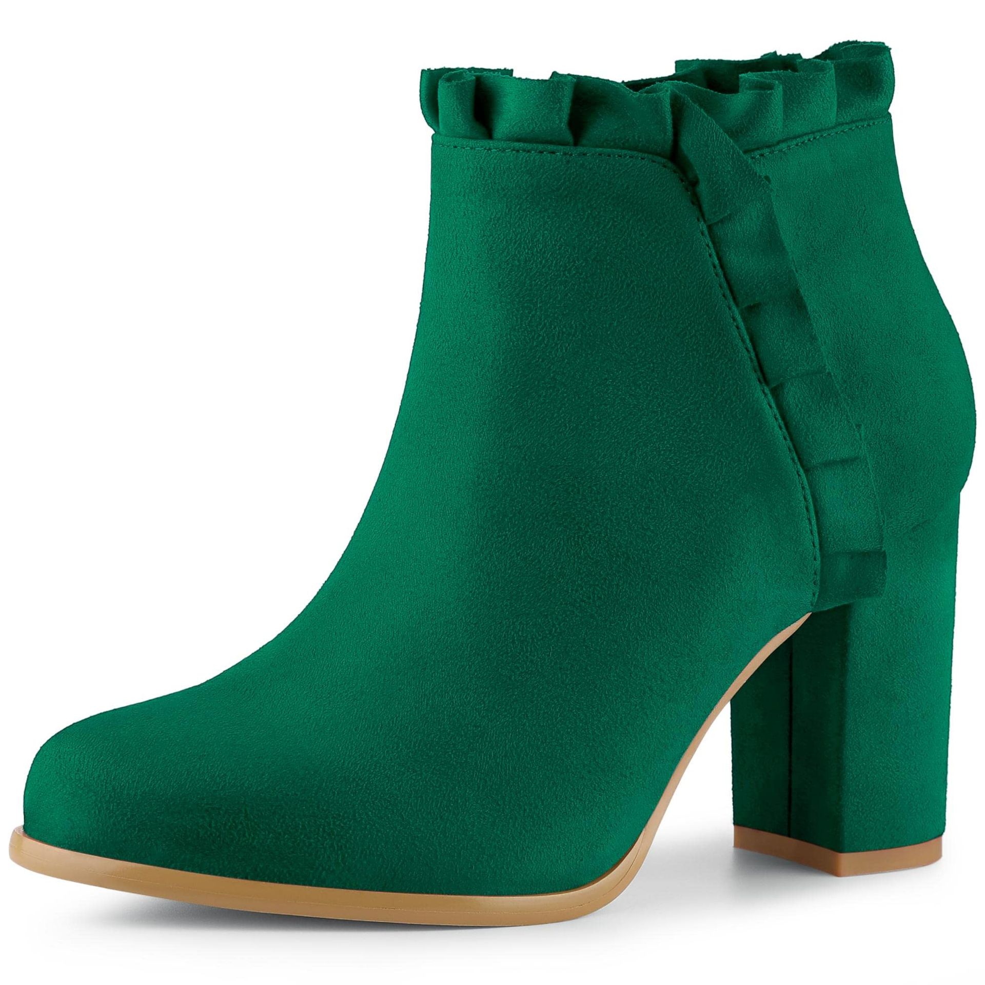 Women'S Emerald Green Ruffle Block Heel Ankle Boots With Round Toe & Faux