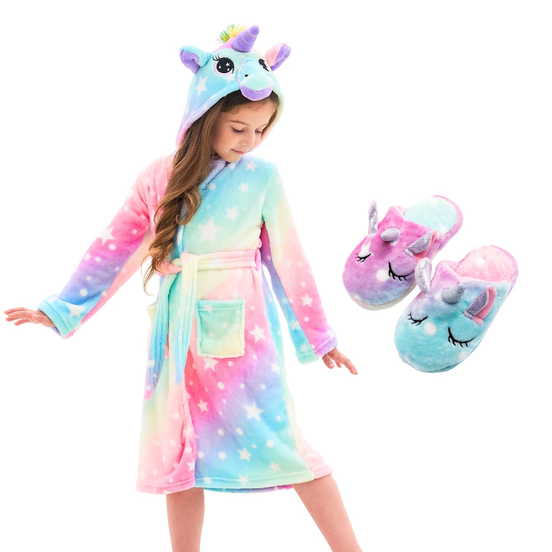 Girls Unicorn Dressing Gown Soft Hooded Bathrobe Sleepwear with Slippers - Pinkish 8-9 Years