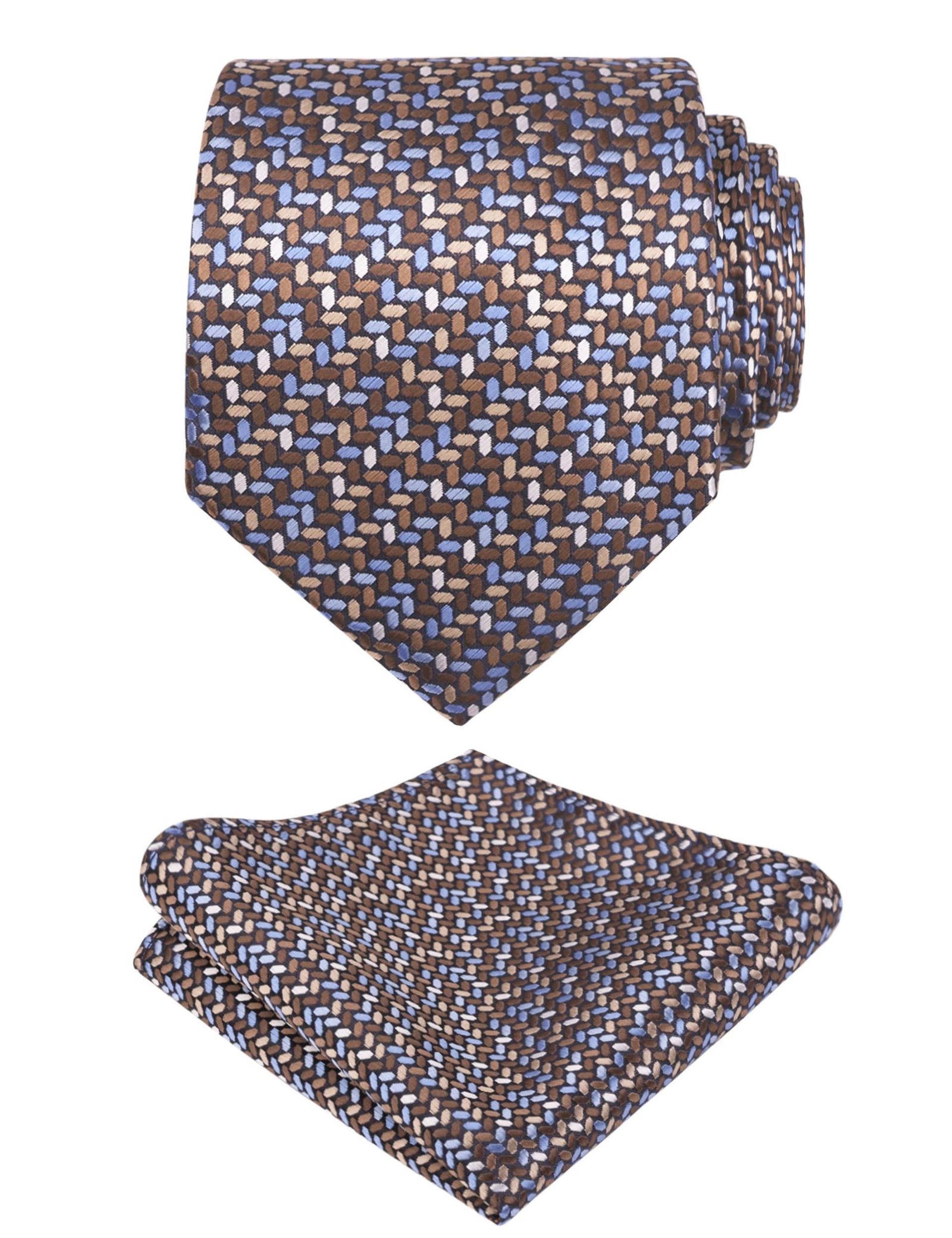 Men's Geometric Pattern Tie & Hanky Set, Coffee + Blue - Perfect for Weddings & Business