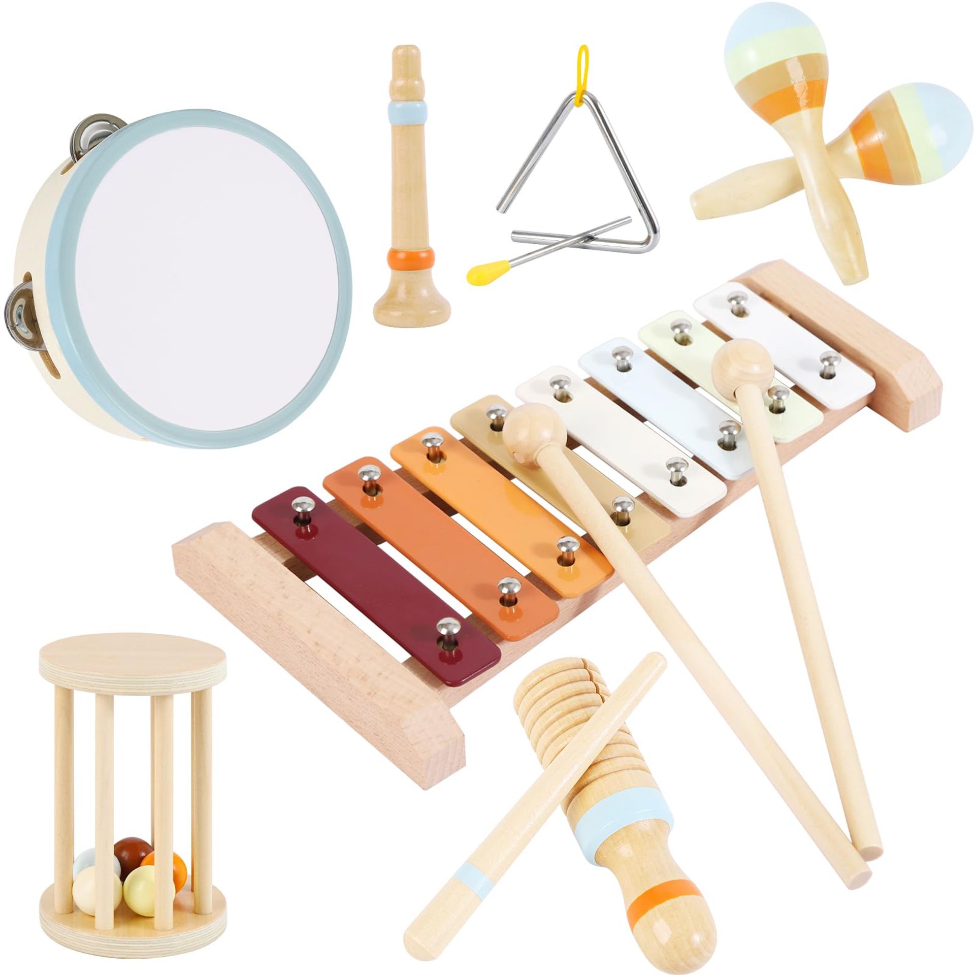 Wooden Musical Instruments Set for Toddlers 1-3 | 8pc Montessori Percussion Toys with Xylophone | Educational Preschool Music Playset