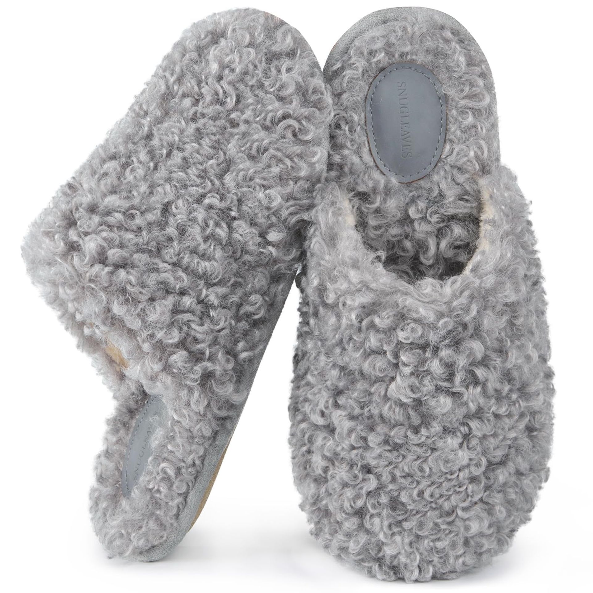 Snug Leaves Women's Ash Grey Scuff Slippers 7-8 UK - Faux Wool, Memory Foam Comfort