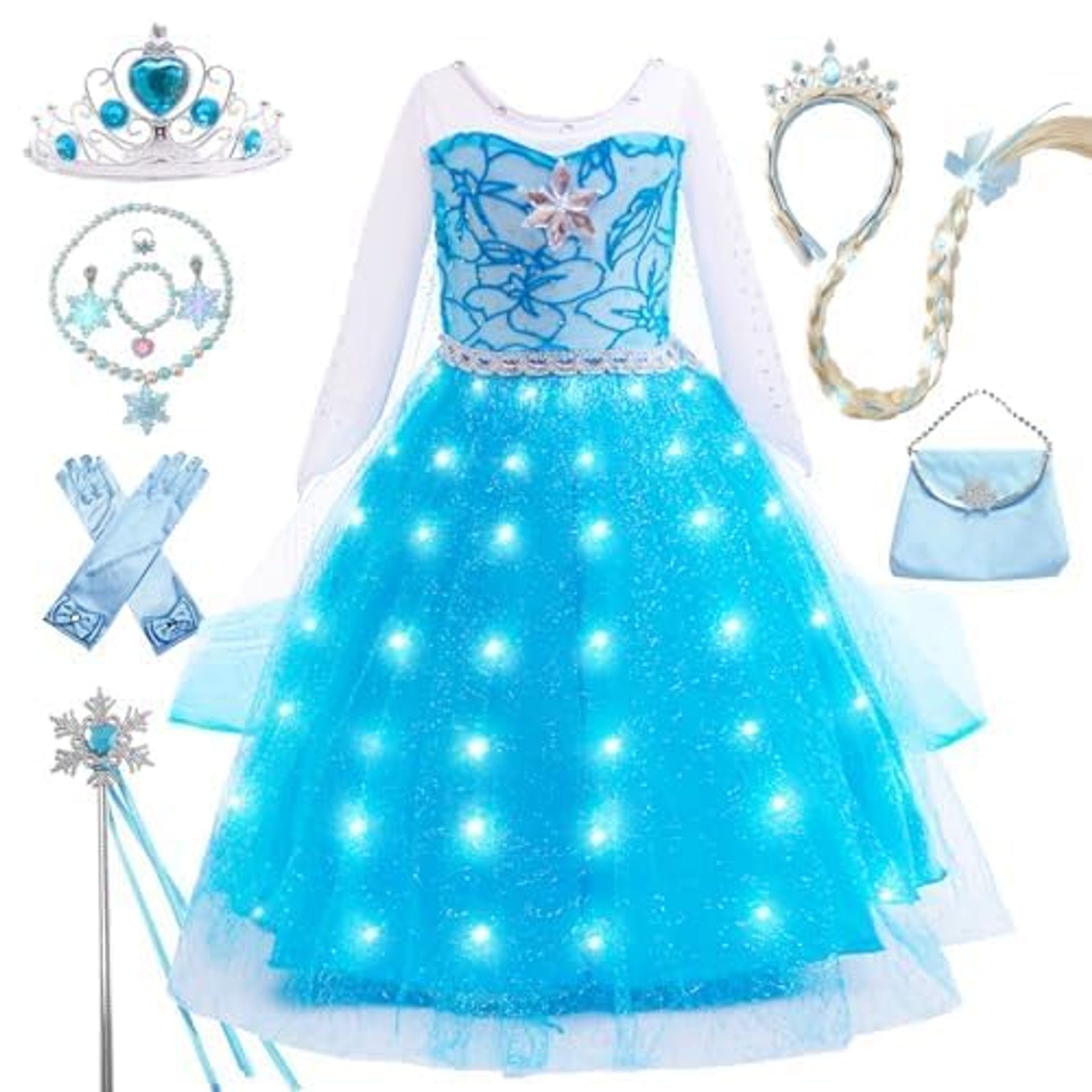Princess Fancy Dress Costume with Cape Tiara Wand and Gloves for Girls - Blue 8-9 Years