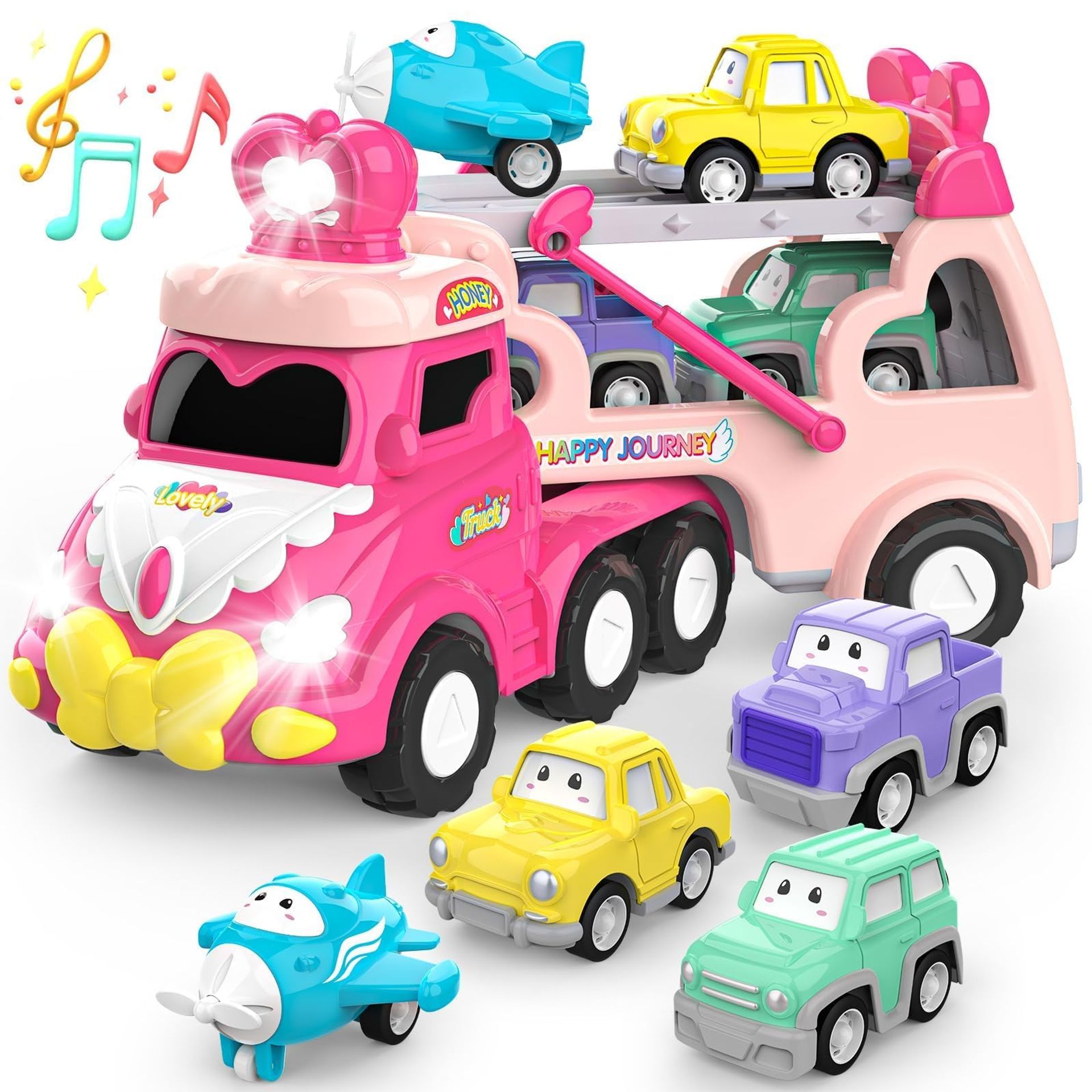 5-in-1 Cartoon Transport Carrier Truck Toy with Lights and Sounds for Toddlers - Pink Model G0101