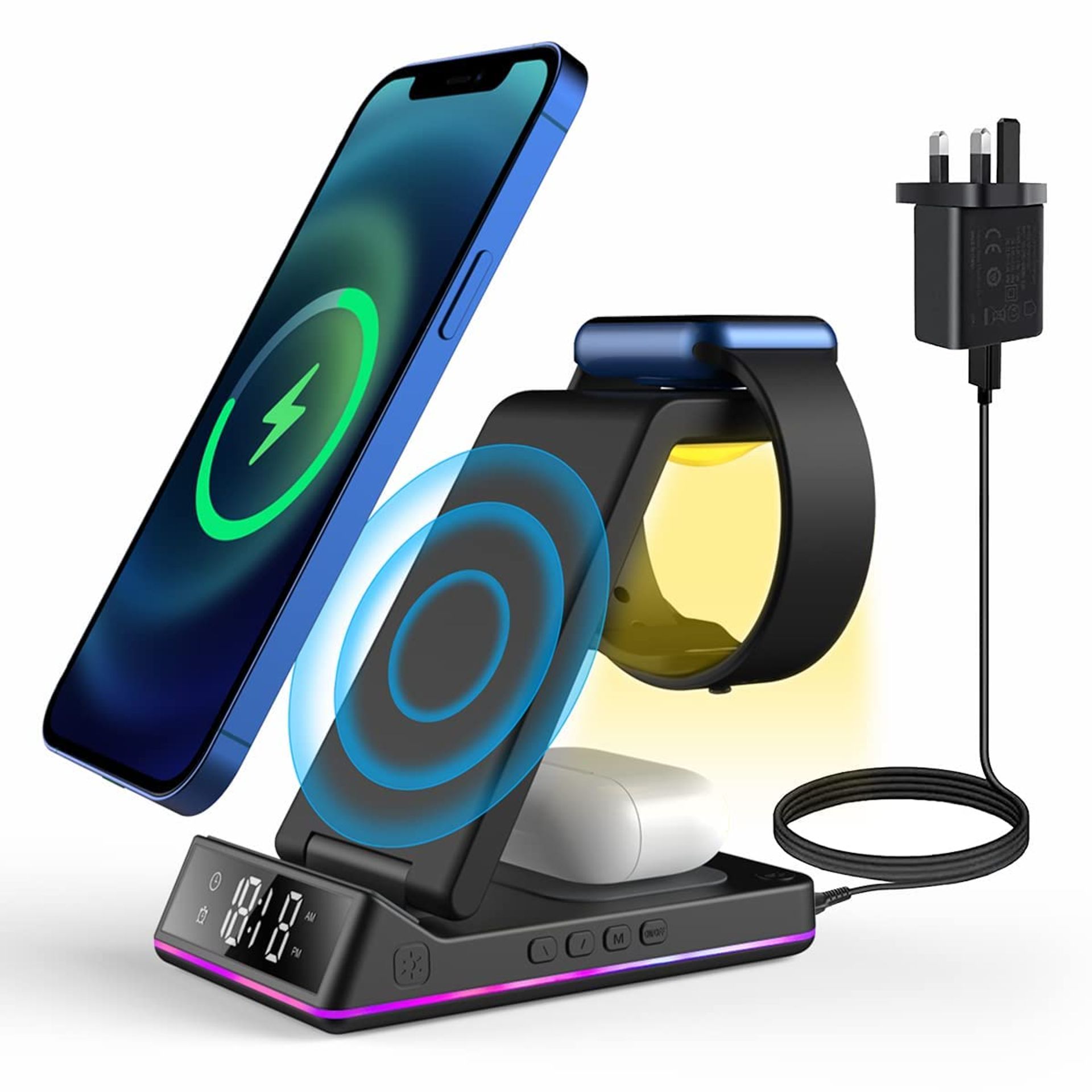 Wireless Charging Station with Alarm Clock and Night Light 5-in-1 for Phones, iWatch and Earbuds - Black Small
