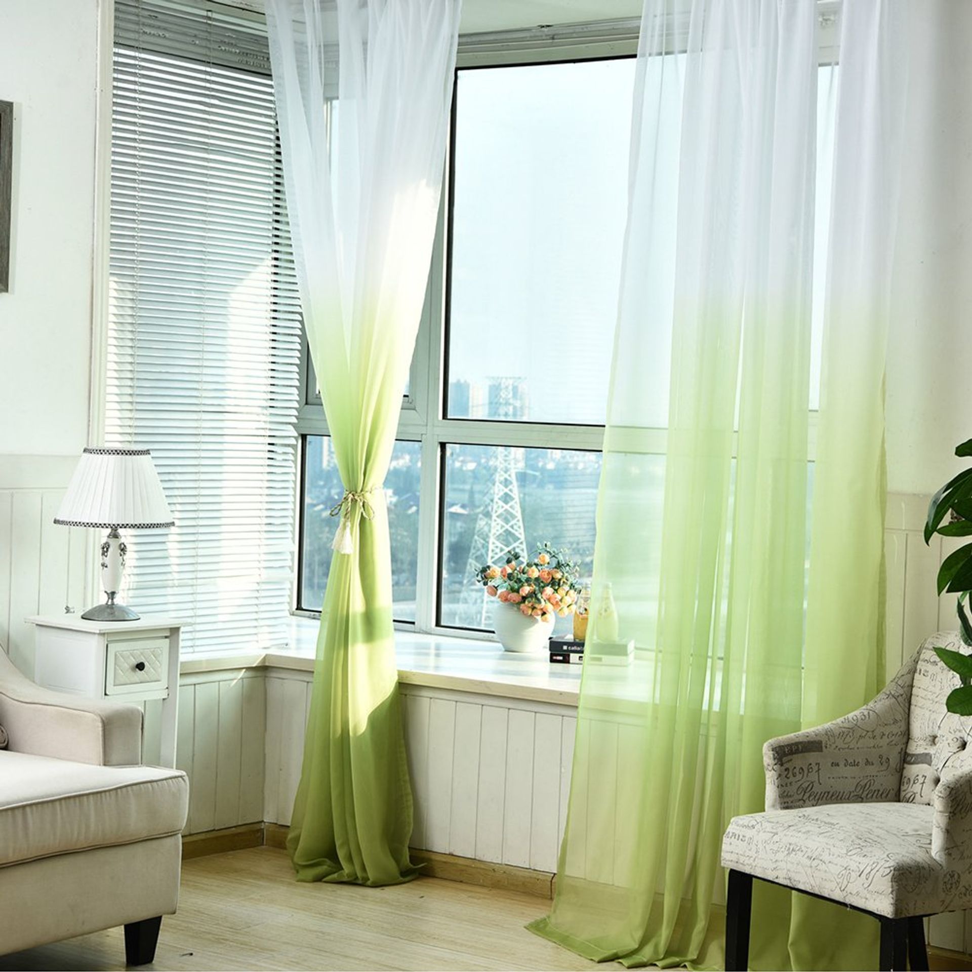 Gradient Voile Sheer Curtains for Bedroom & Living Room - 1 Panel, Rod Pocket, 100x265cm, Green