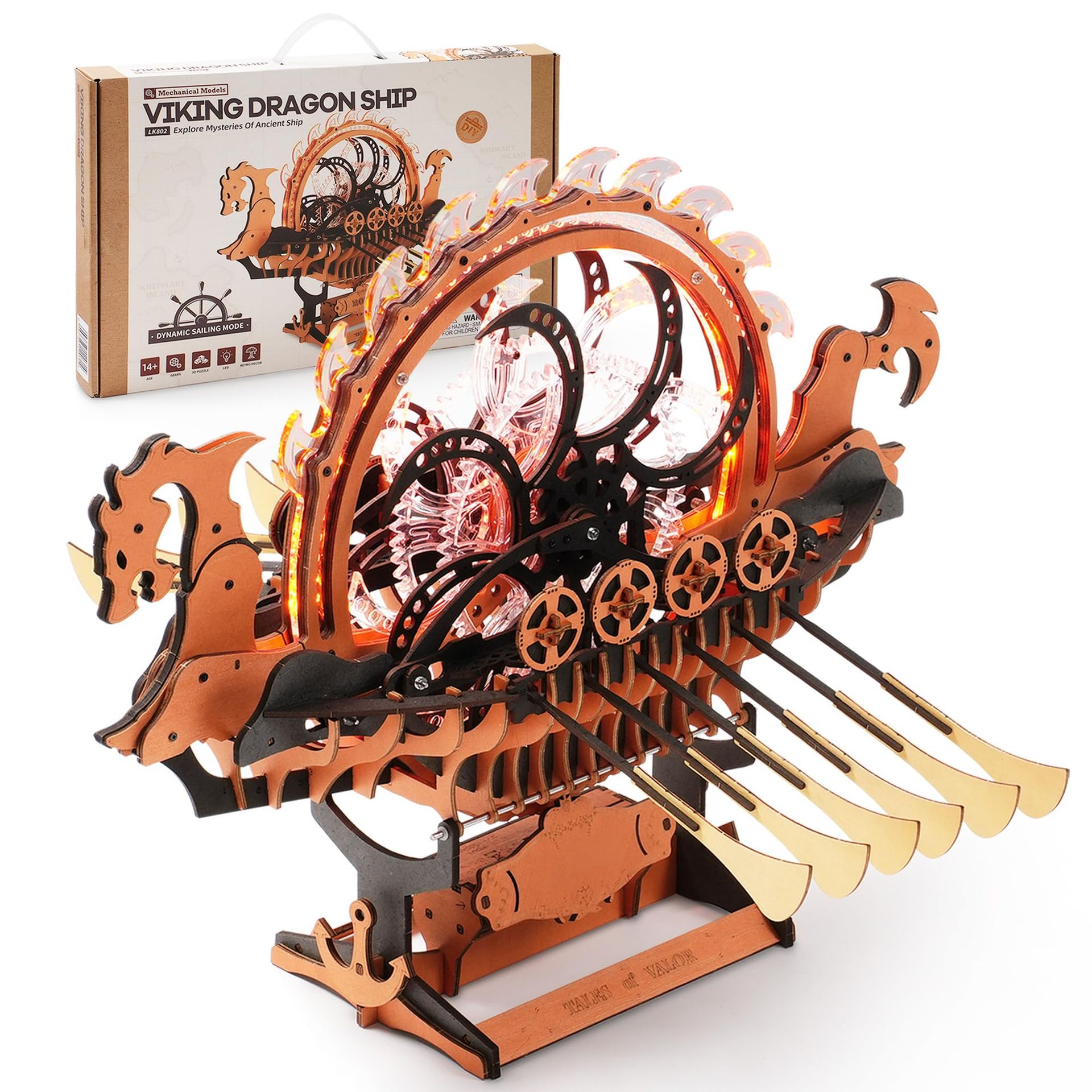 3D Wooden Puzzle Viking Dragon Ship DIY Mechanical Model Kit with LED Light for Adults - Orange Black LAT-LK802