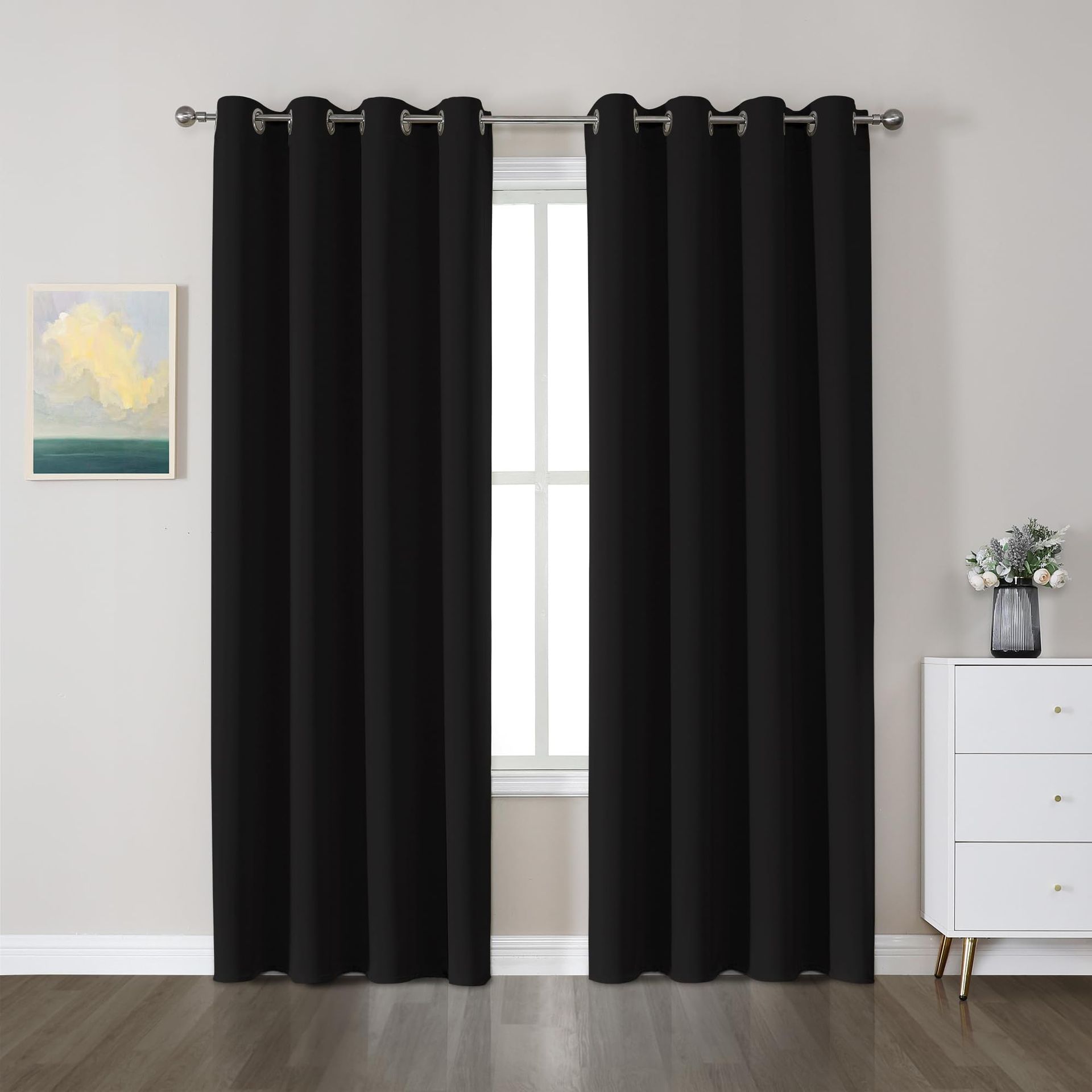 Thermal Blackout Curtains Eyelet Design Insulated Drapes for Bedroom & Living Room - Black W55" x L96" (2 Panels)