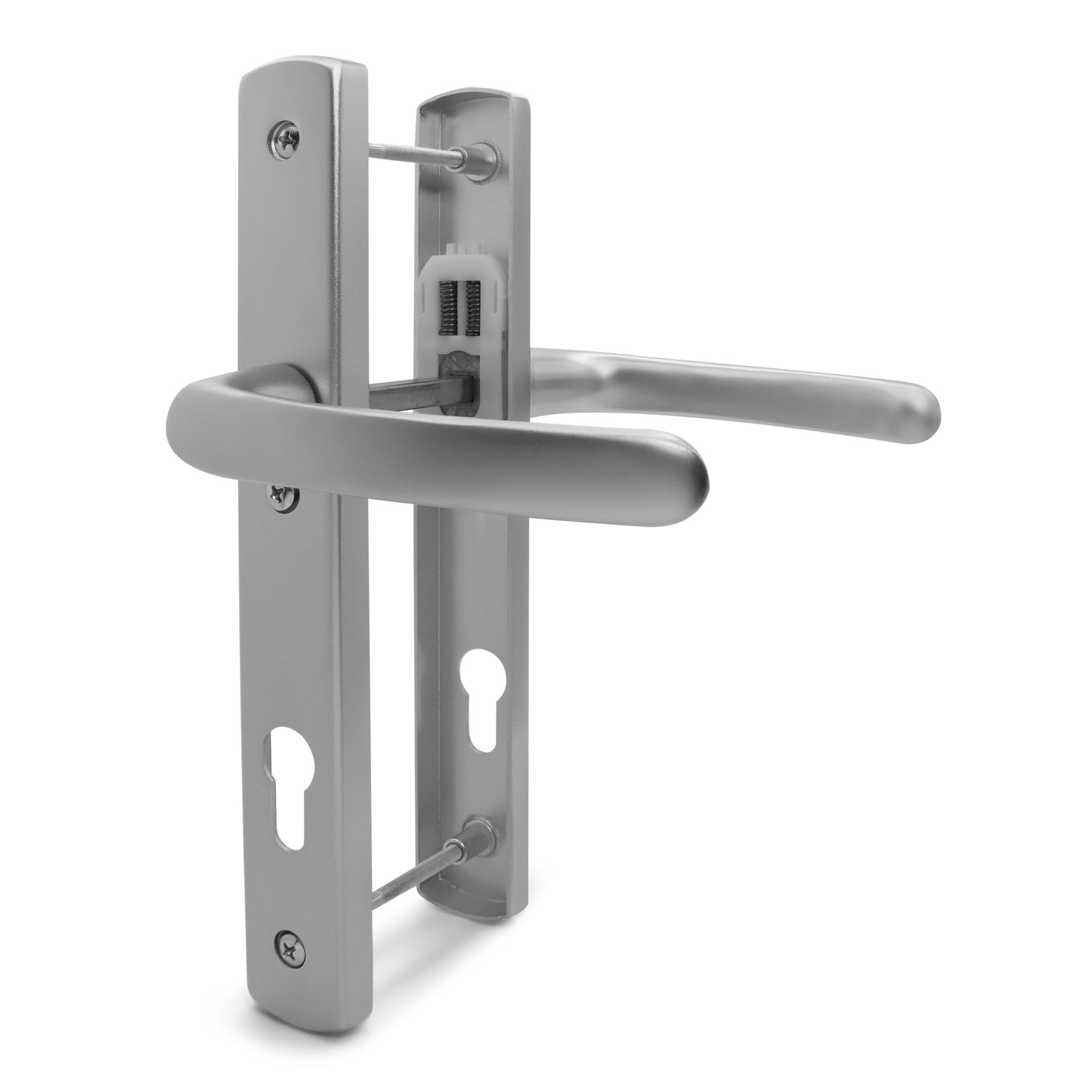 UPVC Door Handle Pair Set 92mm PZ Sprung Lever Lever 3 Fixing Points - Silver 260mm