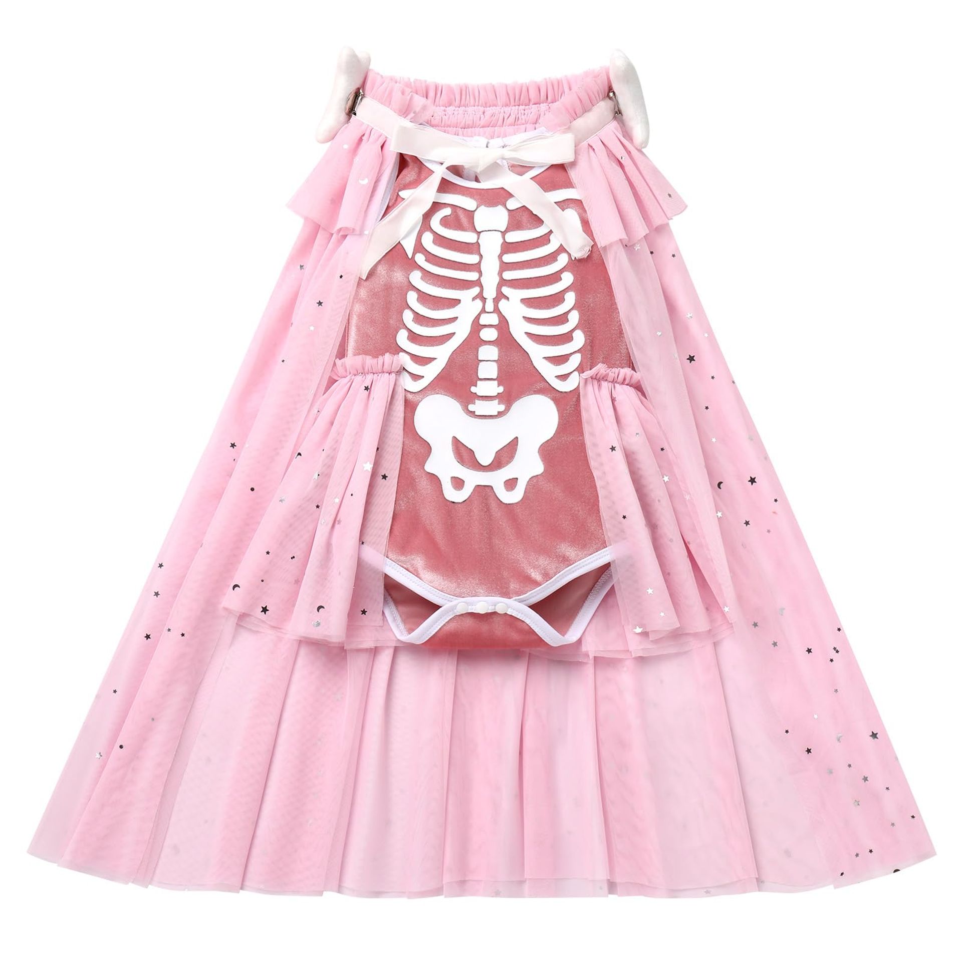 Baby Girls Skeleton Skull Costume Romper and Tulle Cloak Halloween Fancy Dress Outfit - Pink 9-12 Months