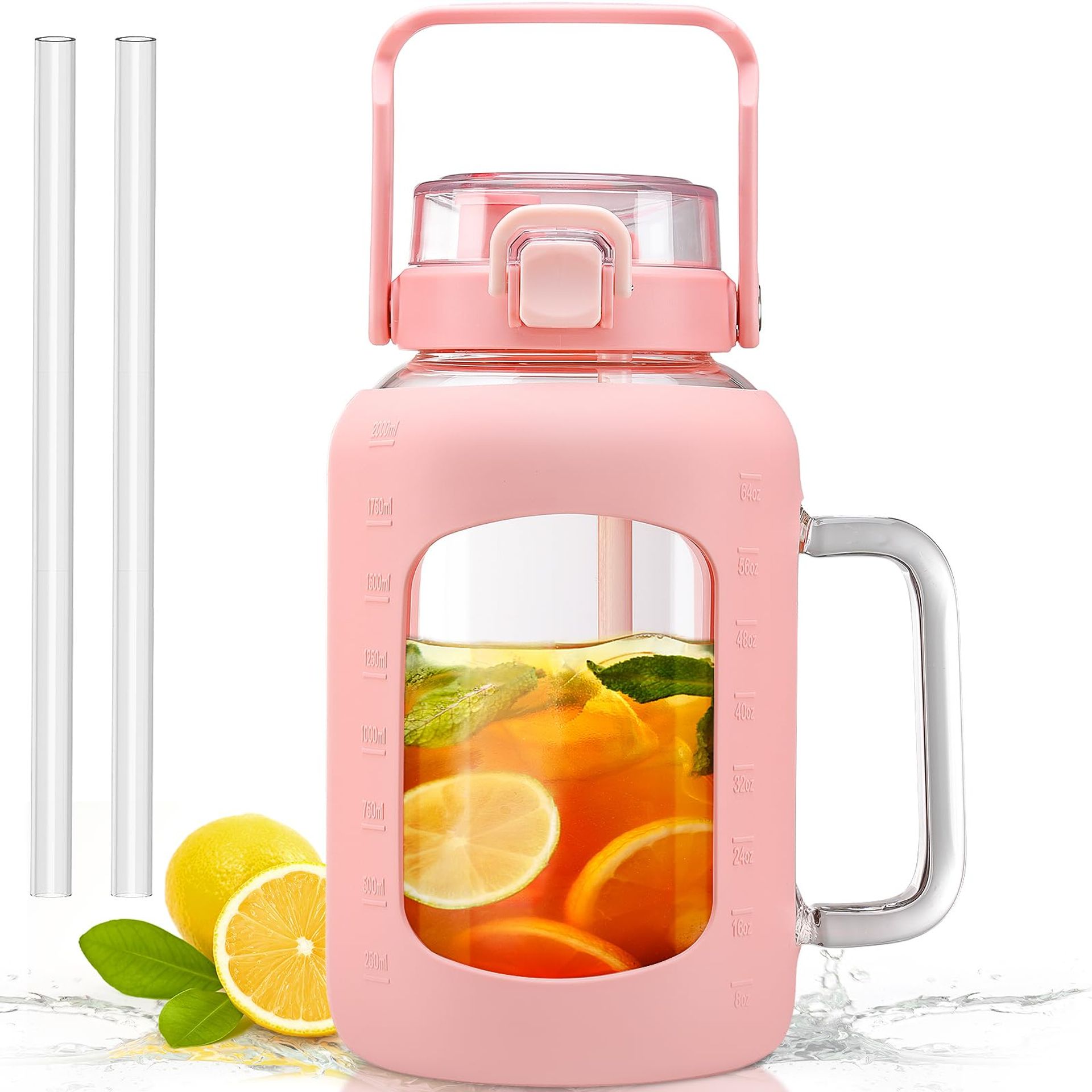 2 Litre Glass Water Bottle with Straw, Lid, Handle & Time Marker Leakproof Motivational Sports Jug - Pink 1893ml