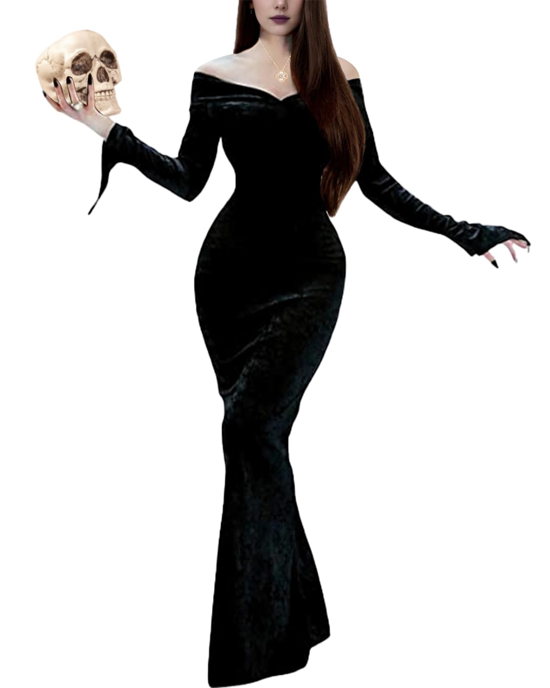 Women's Long Sleeve Halloween Maxi Dress Vintage Party Gown Elegant Costume - Black S