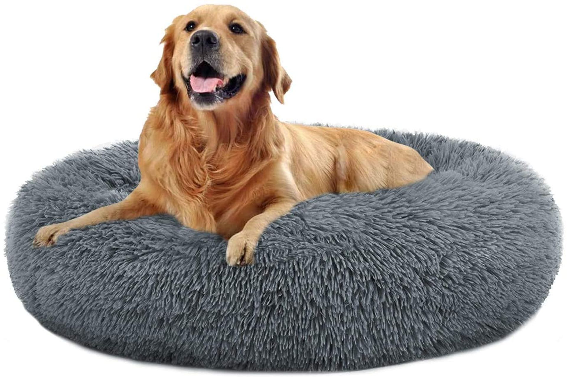 Calming Pet Bed Dog & Cat Donut Shape Plush Faux Fur Cuddler Washable Self-Warming - Grey