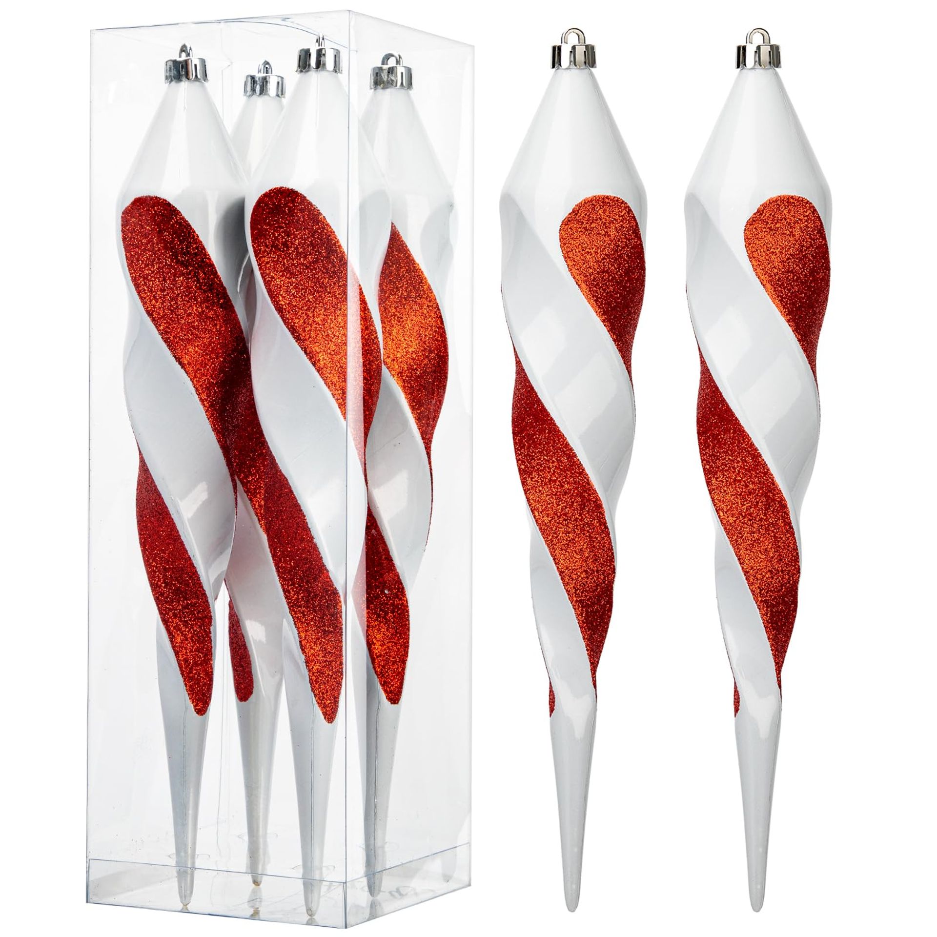 4PCS Swirl Icicle Christmas Baubles 30cm, White/Red Glitter Ornaments for Xmas Tree, Home & Party Decor