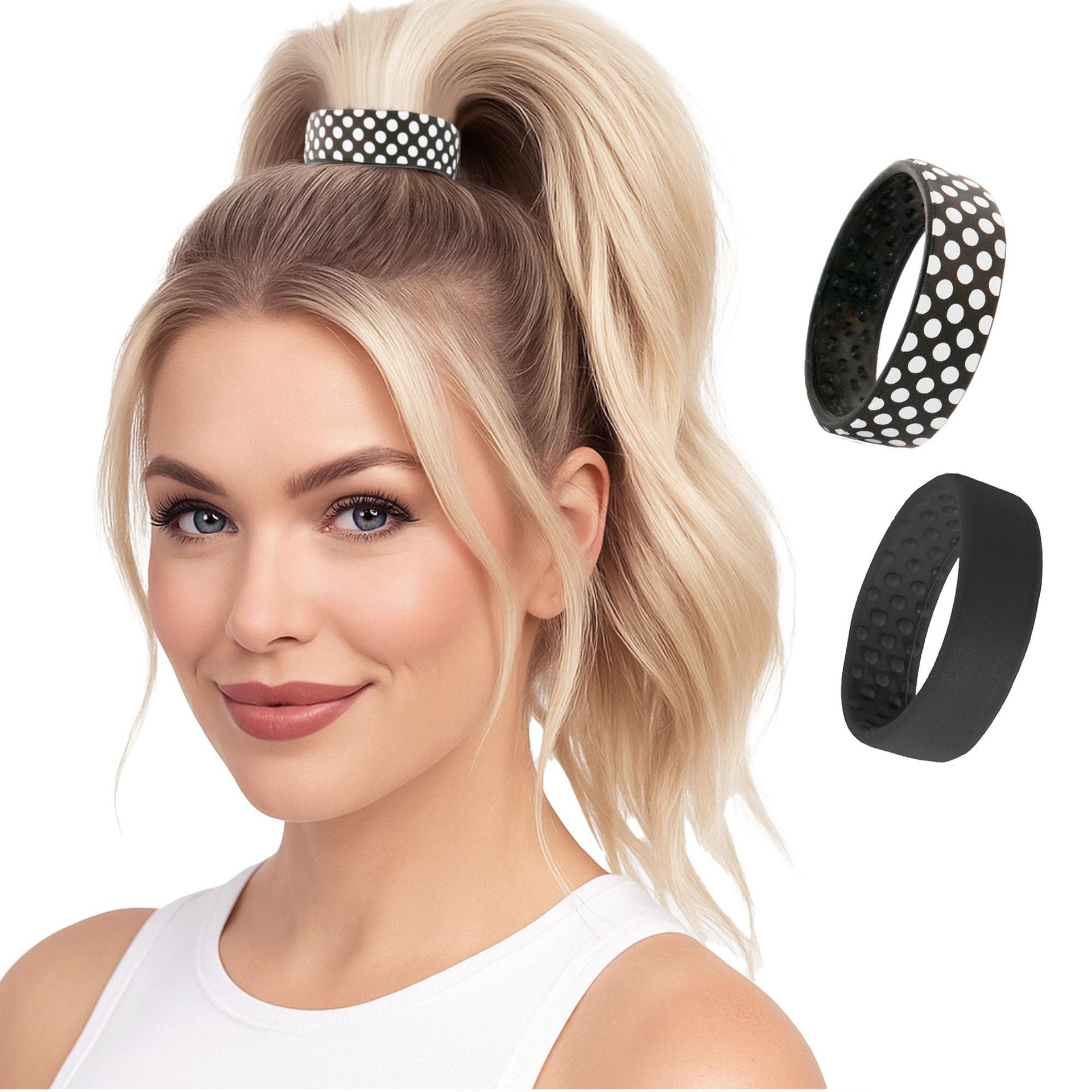 Bendable Hair Ties Set Non-Damaging Holders for Thick Hair with Strong Grip - Black & Polka Dot Large - Valentines