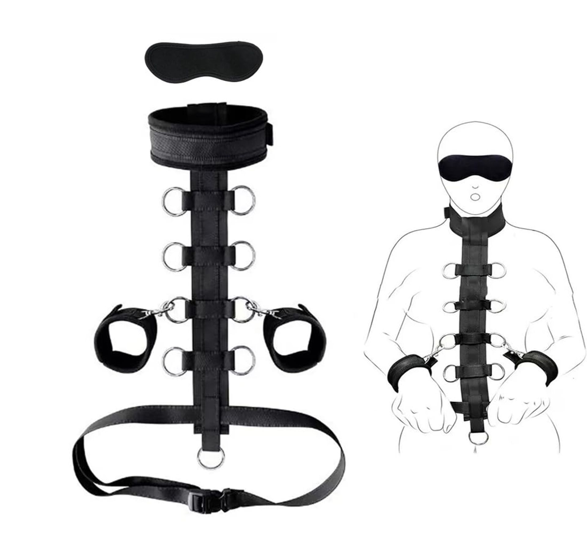 Premium BDSM Bondage Restraints Set - Neck, Hand & Ankle Cuffs, Eye Mask - Adjustable Full Body Kit