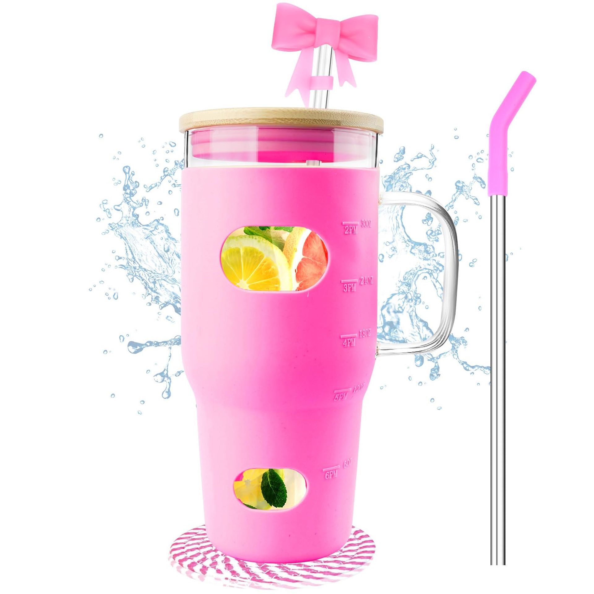 Glass Tumbler with Lid and Straw 950ml Reusable Bottle Silicone Sleeve Handle BPA-Free - Pink Glass32-Pink