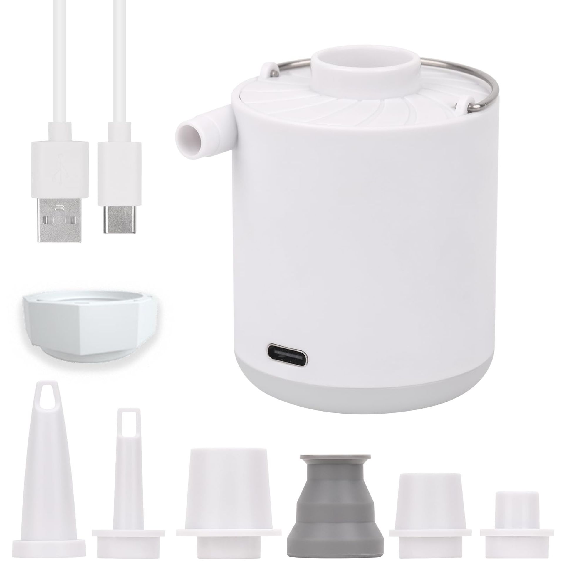 Portable Electric Air Pump Fast Inflating & Deflating 1600mAh Rechargeable with 6 Nozzles & Camping Light - White H9725