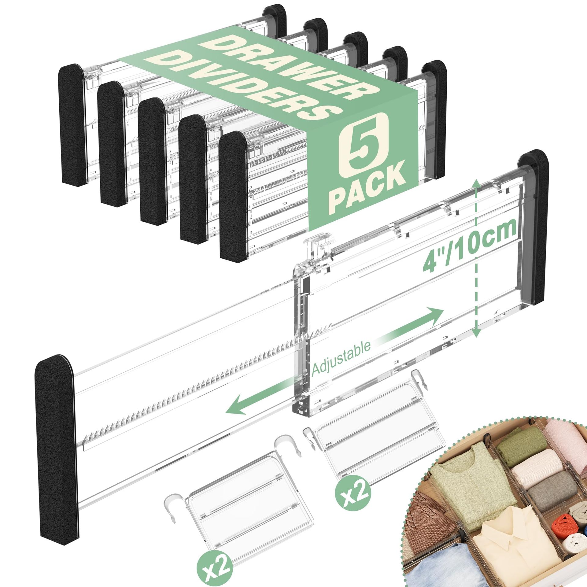 Expandable Drawer Dividers & Inserts, Adjustable Organisers for Kitchen, Bedroom & Office Storage - Clear Plastic Set