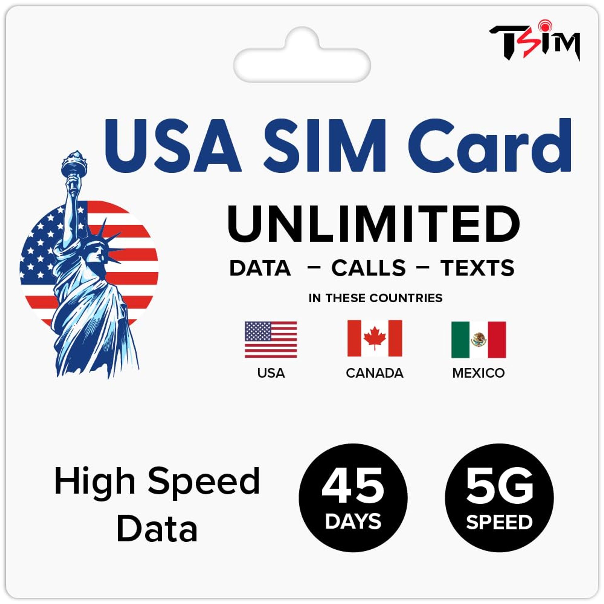 Prepaid USA SIM Card Unlimited 5G Data Calls & Texts For Travel 45 Days