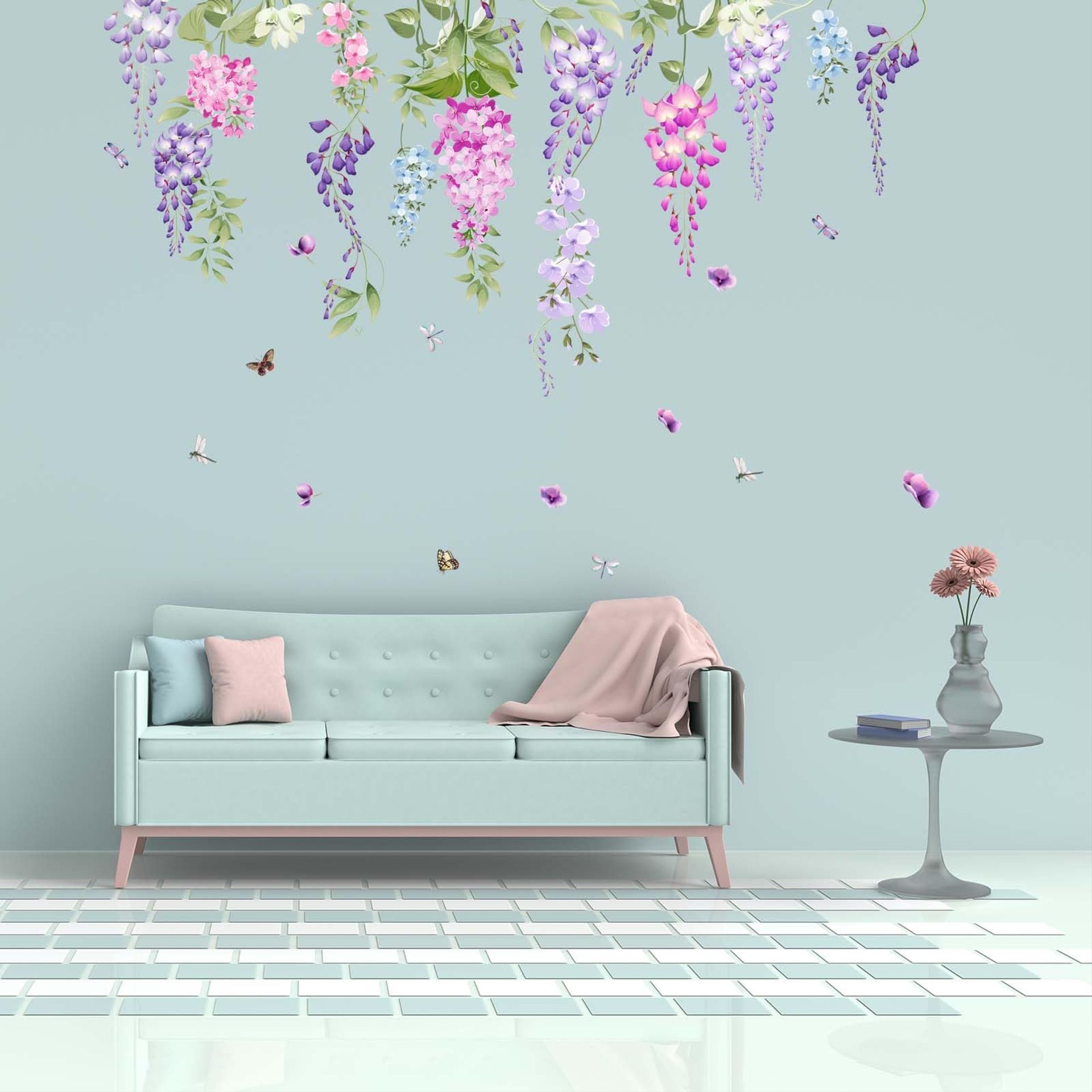 Amimagen Watercolor Flower Wall Stickers - Purple Hanging Vines Floral Wall Decals - Bedroom Living Room Sofa TV Background Home Wall Stickers
