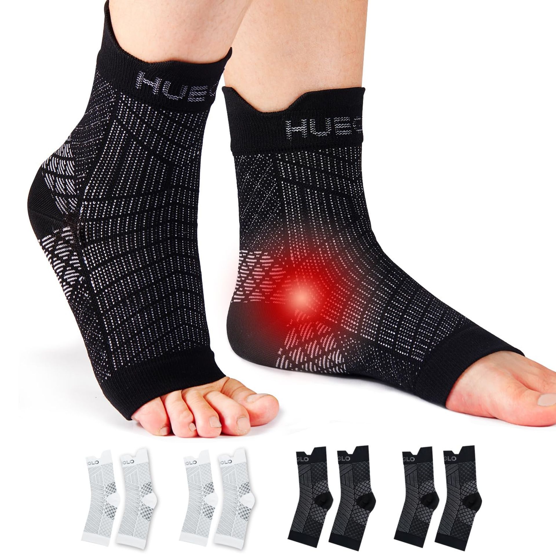 HUGLO 4 Pairs Plantar Fasciitis Socks Neuropathy Neuro Socks Compression Socks for Women Men Ankle Support Brace for Weak Sprained Ankle Breathable Anti-Slip Foot Support Brace