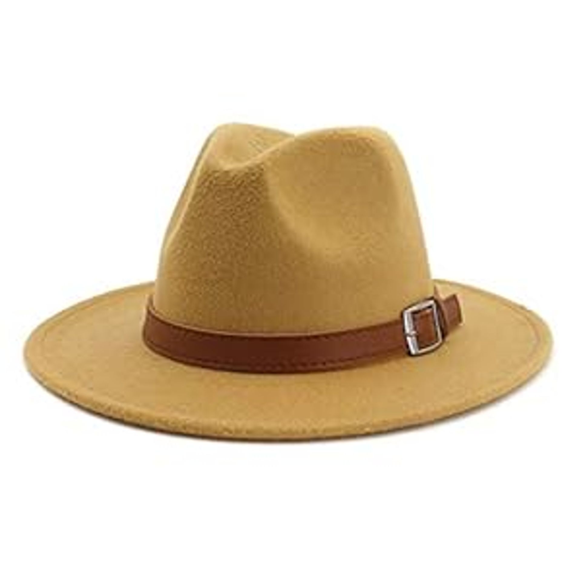 Classic Wide Brim Fedora Panama Hat with Belt Buckle, Unisex, Adjustable, Camel