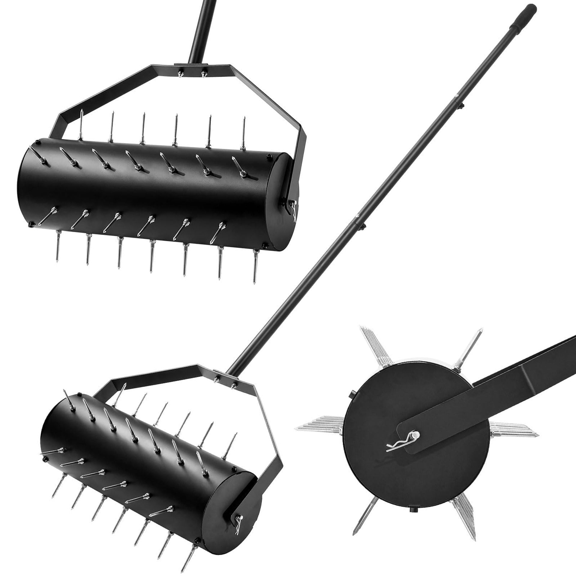 Manual Lawn Aerator Roller with 6cm Spikes and 141cm Detachable Handle for Healthy Grass Aeration - Black RIBV3-03