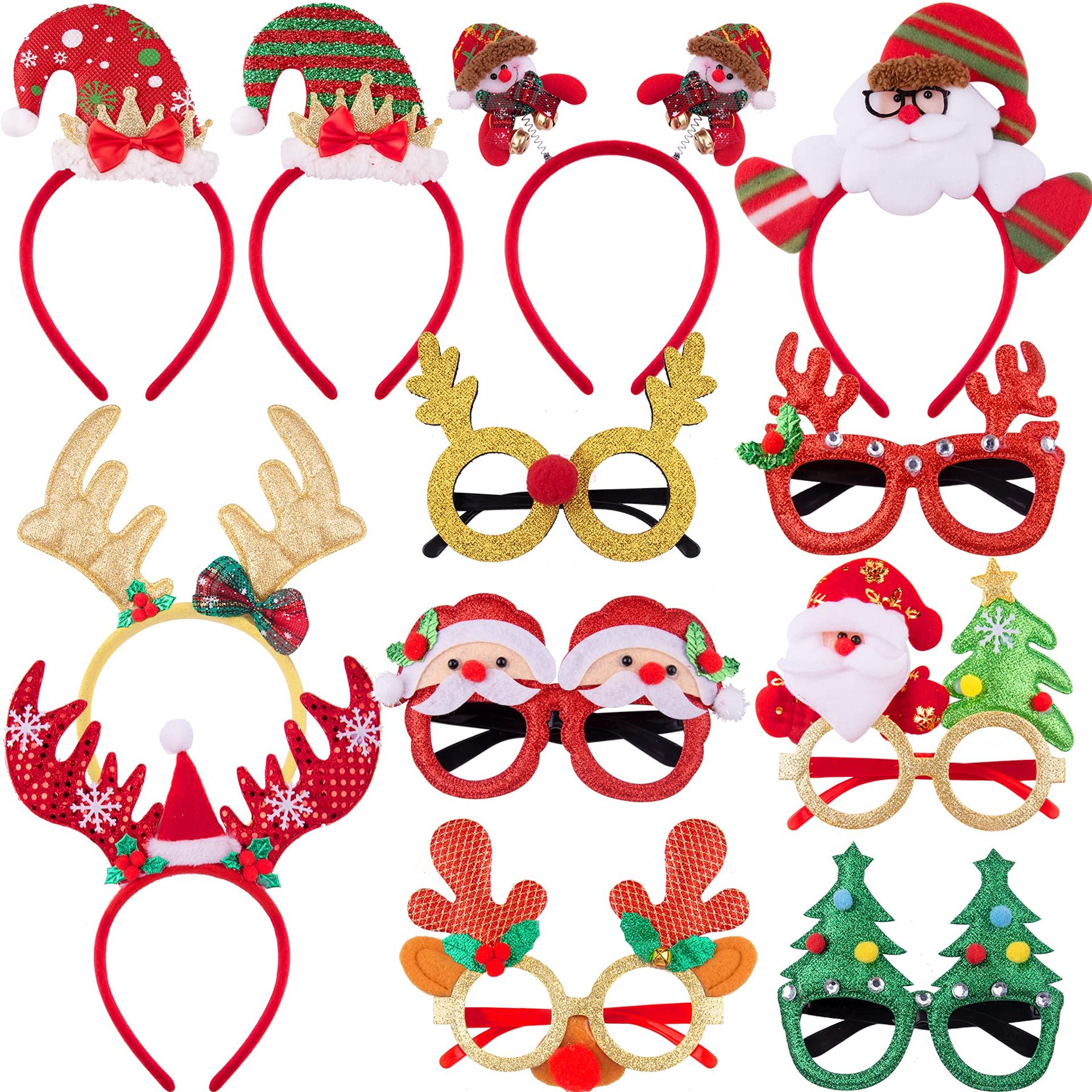 Funny Christmas Headbands & Glasses Set - Reindeer, Santa, Tree Designs - Party Decorations, 12 Pcs