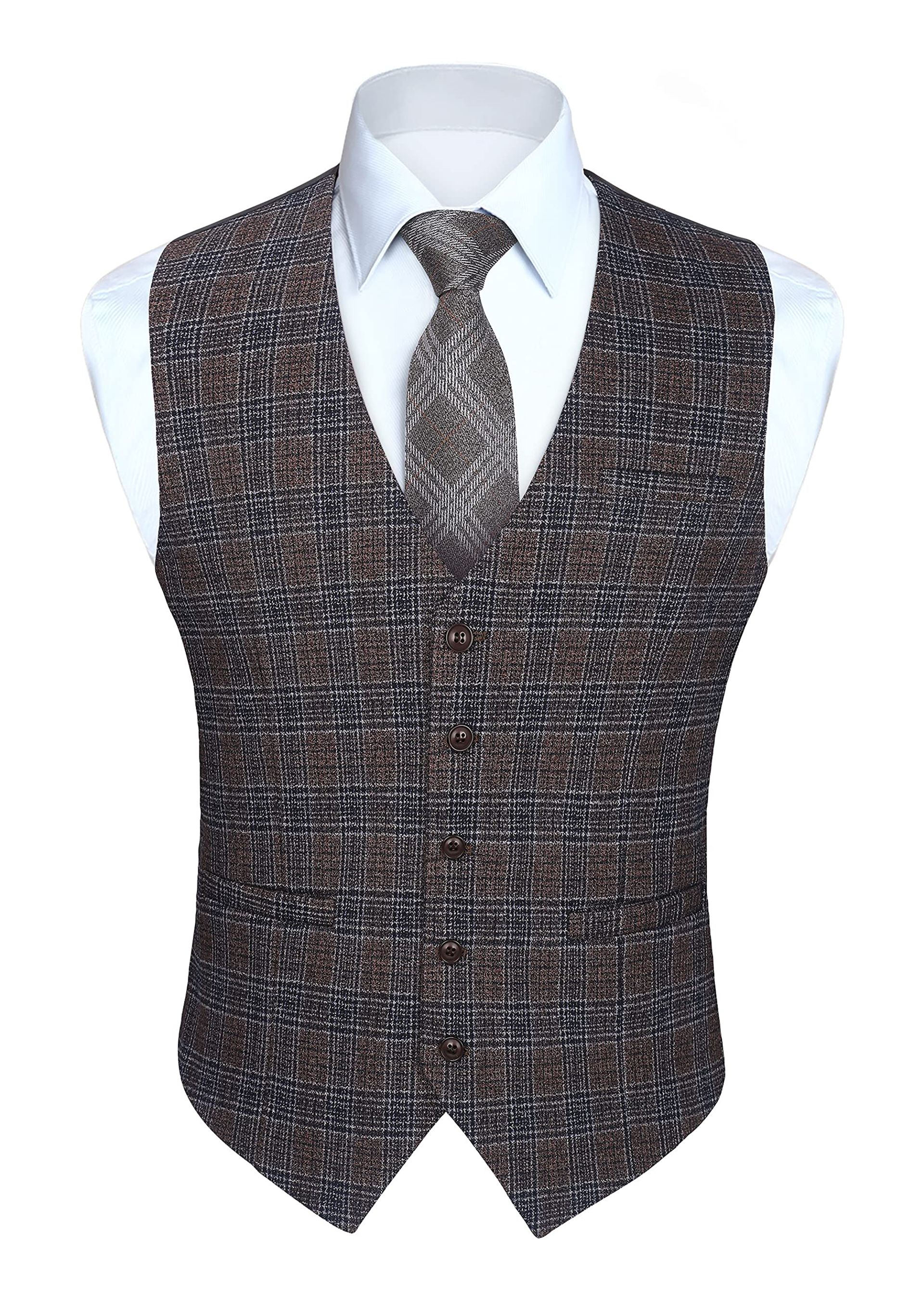 Men's Plaid Waistcoat Classic Formal Business Suit Vest with Pockets - Light Brown 3XL