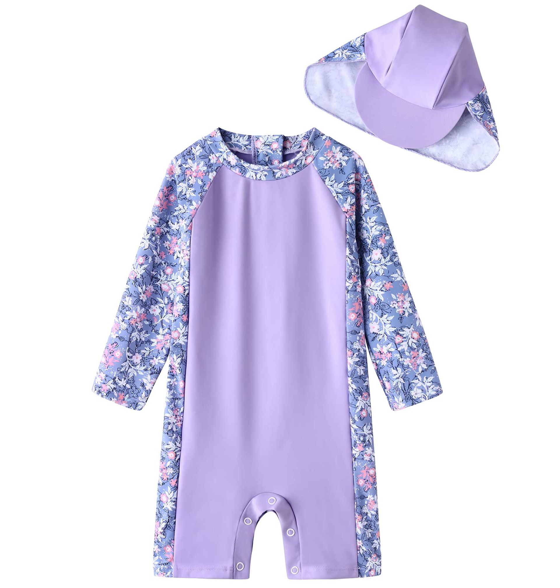 Baby Girls One-Piece Swimsuit UPF 50+ Sun Protection with Sleeves and Easy Diaper Access - Purple Flowers 9-12 Months