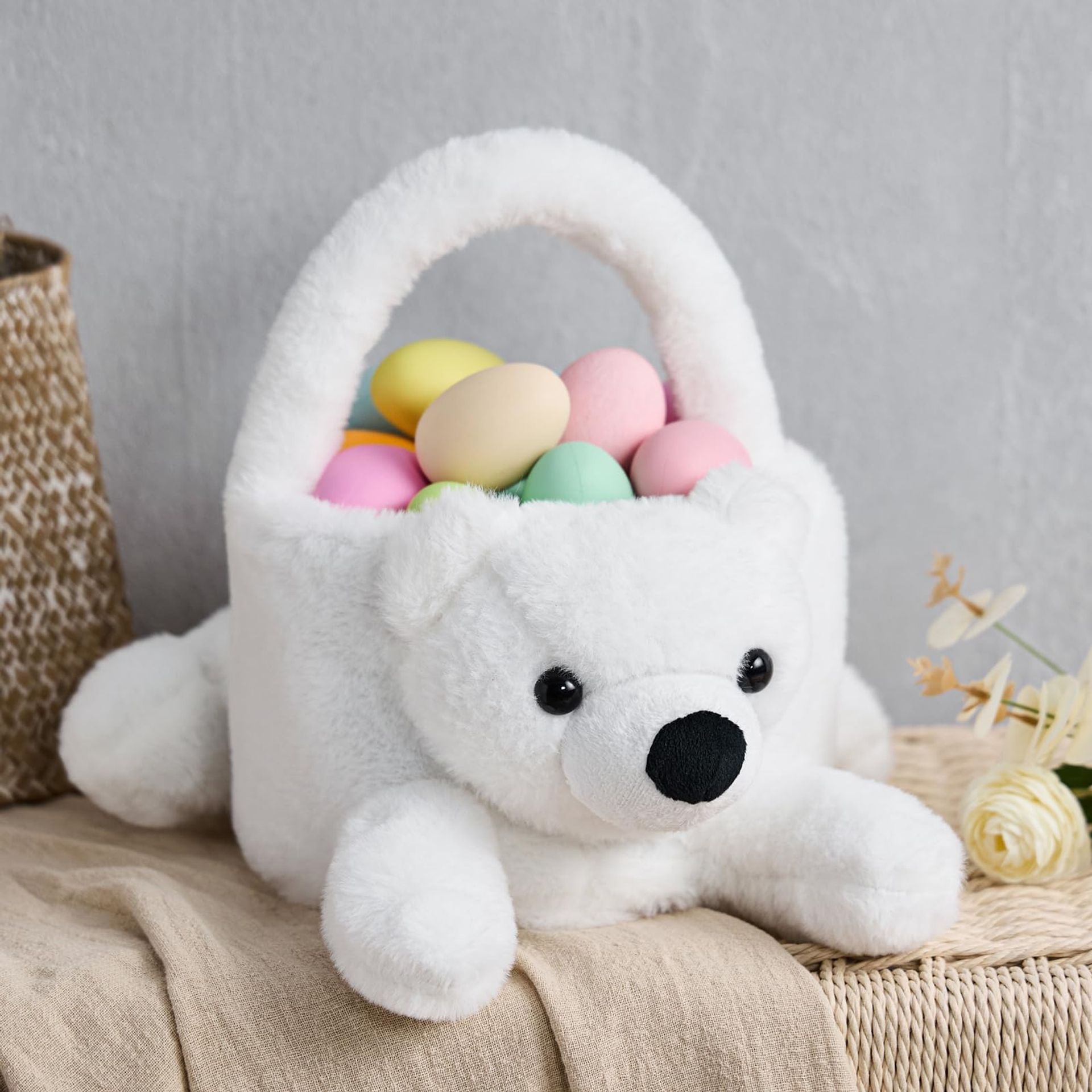 Easter Plush Basket Cute 3D Bear Design with Ears for Egg Hunting, Candy and Gift Storage - Bear 15*6 Inch