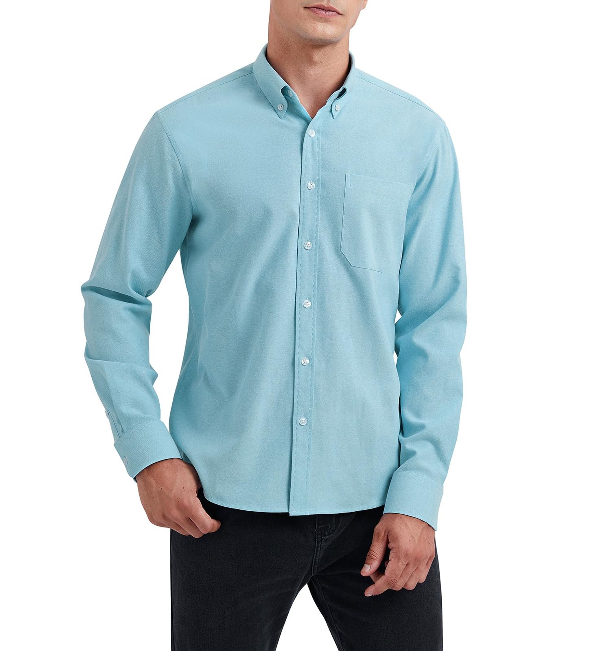 Men's Oxford Shirt Long Sleeve Button Down Regular Fit with Pocket Smart Casual Business Wear - Sky Blue 3XL