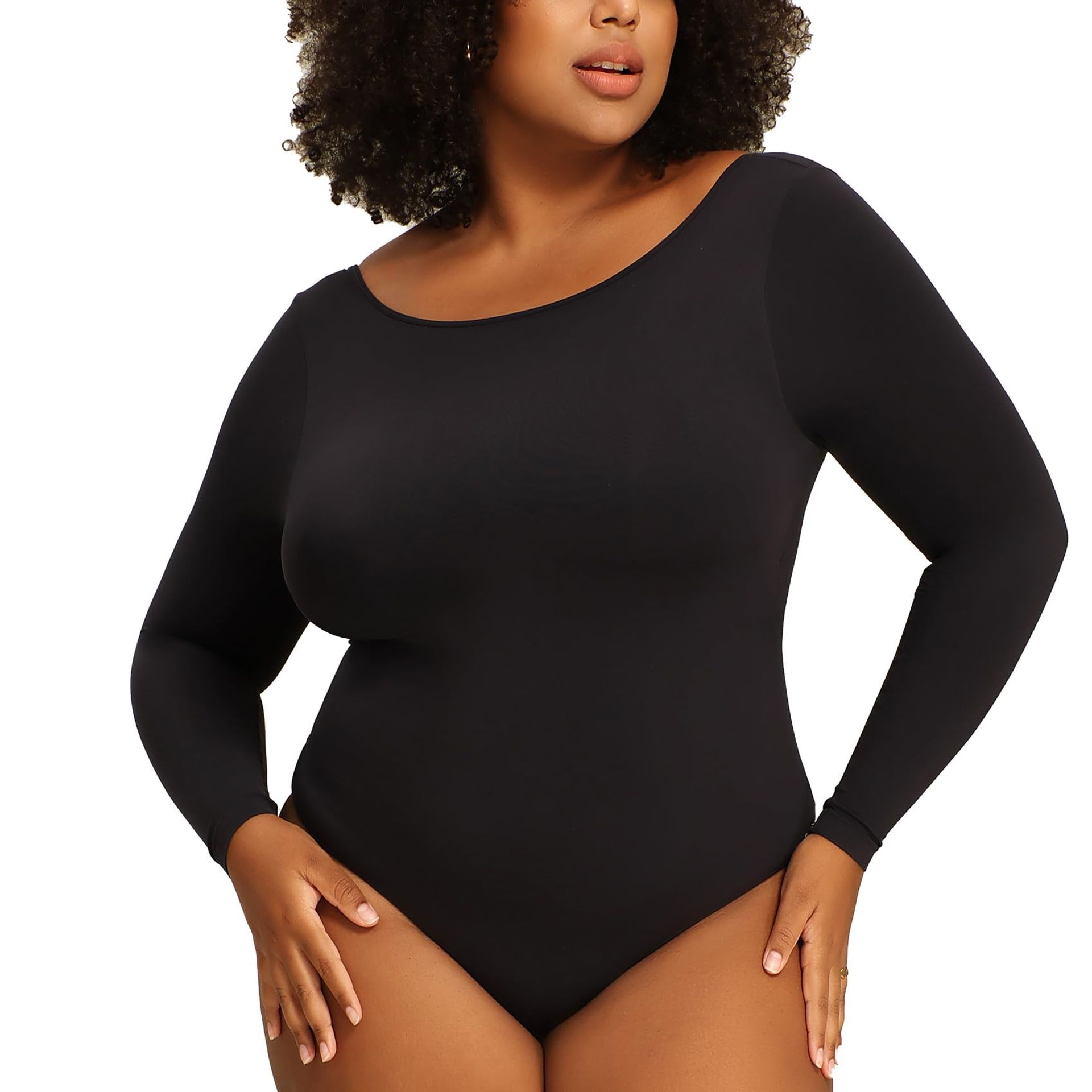 Nimiah Stretchy Seamless Buttery Soft Black Long Sleeve Crew Neck Thong Bodysuit - Perfect for Any Occasion