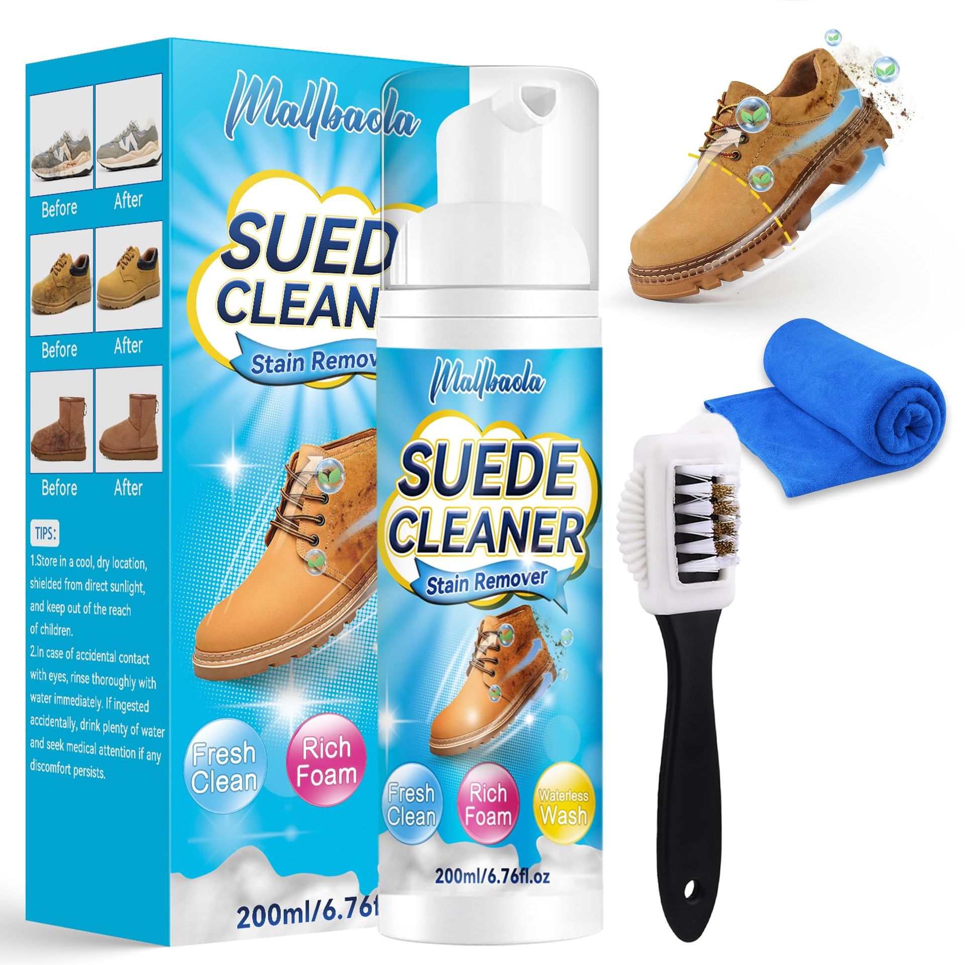 Suede and Nubuck Cleaner Kit with Brush & Cloth 200ml for Shoes, Boots & Trainers - Blue Trainer Cleaner
