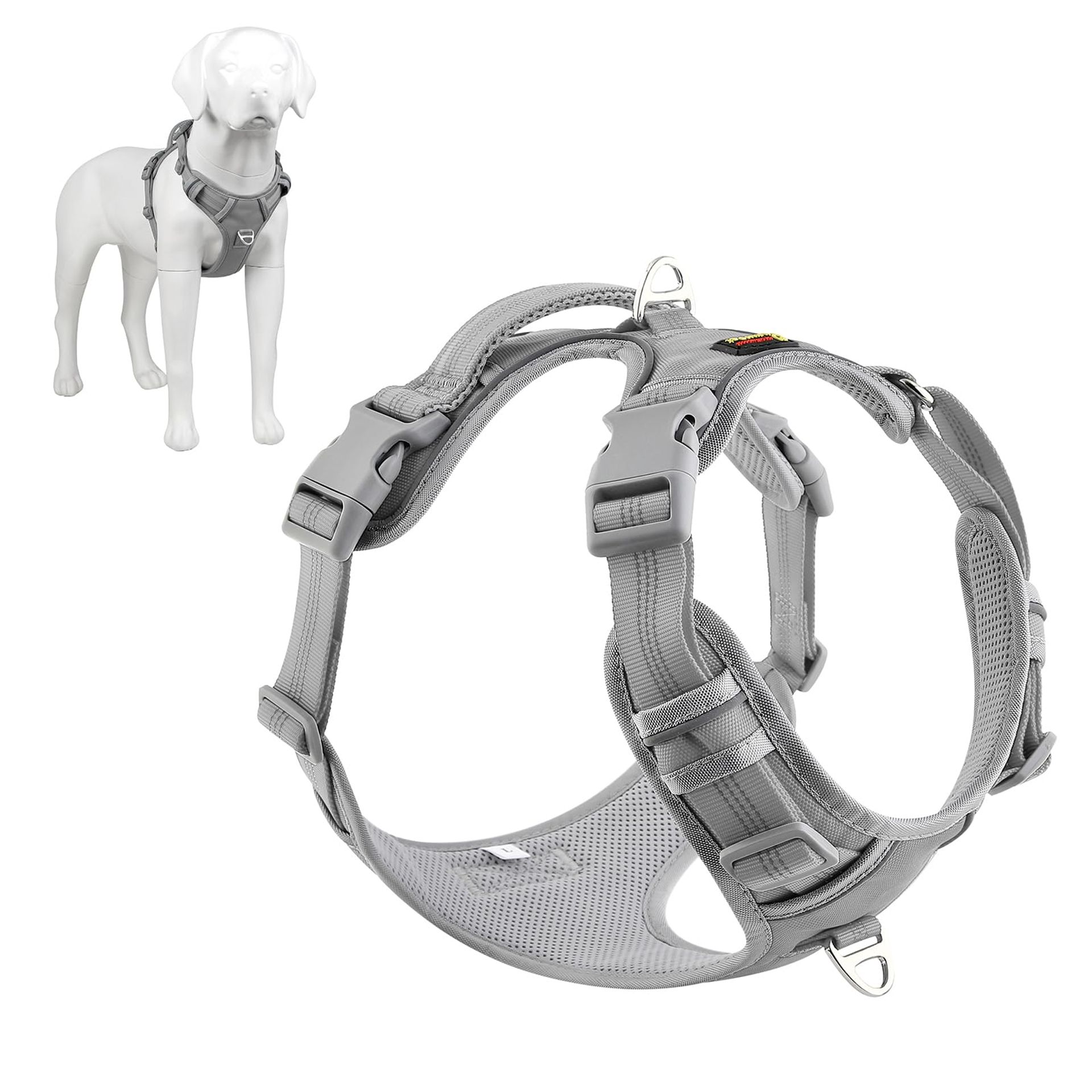No Pull Dog Harness Reflective Adjustable Vest with Handle Release at Neck - Grey Large
