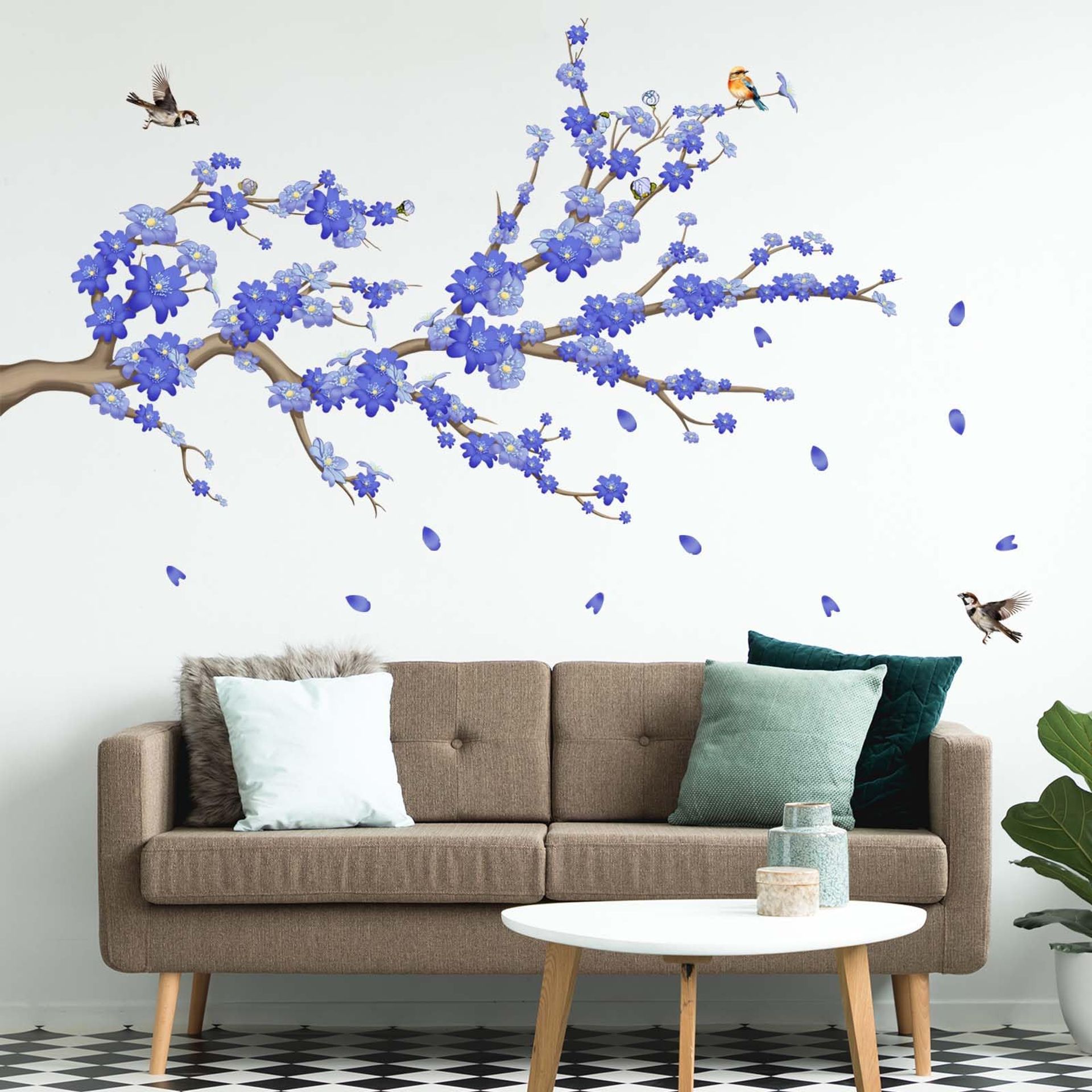 Amimagen Blue Cherry Blossom Wall Stickers - Flower Tree Branch Birds Floral Wall Decals - Living Room Bedroom TV Sofa Background Family Wall Decor