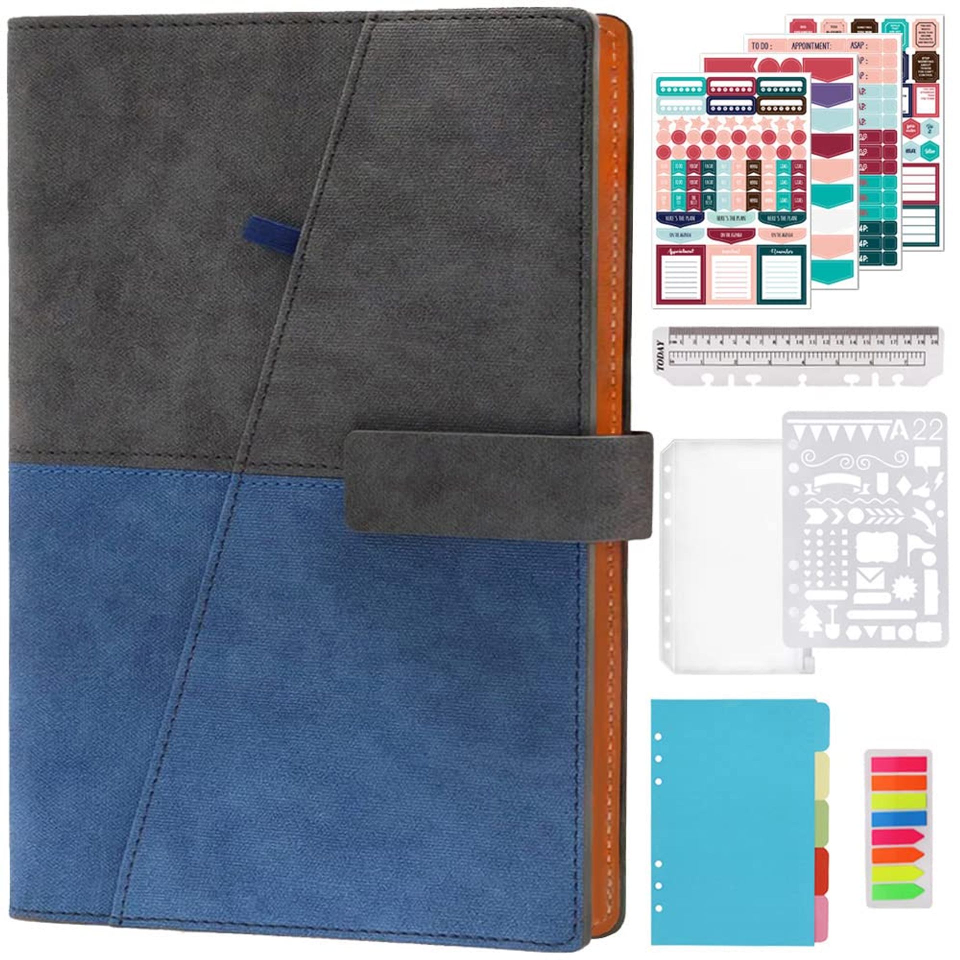 Loose Leaf Refillable Notebook A5 Lined Business Planner with Pen Holder and Accessories - Blue A5