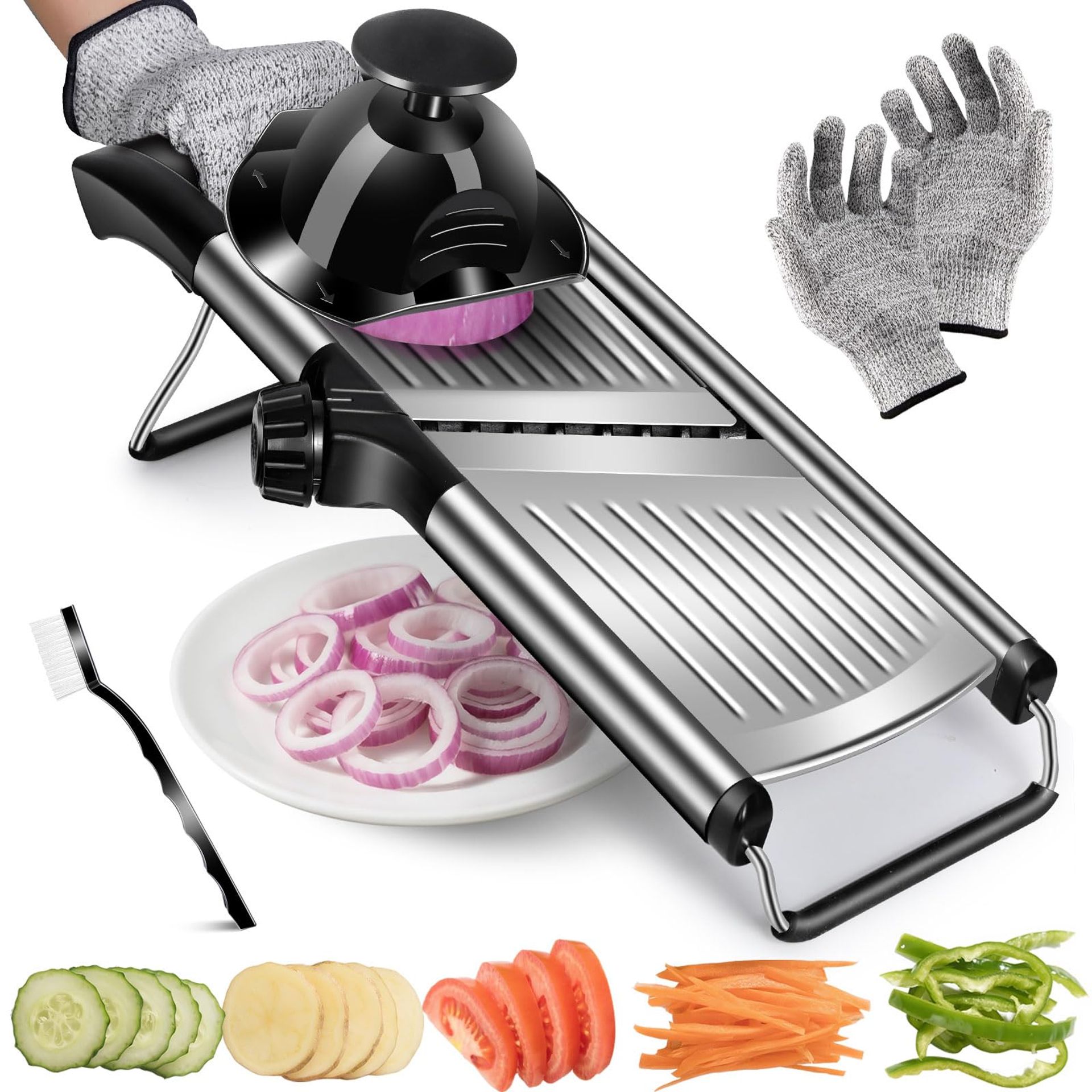 Mandoline Slicer 5-in-1 Stainless Steel Blades Adjustable Vegetable Cutter with Safety Gloves - Stainless Steel Slicer 41.5x13.5x13.5cm