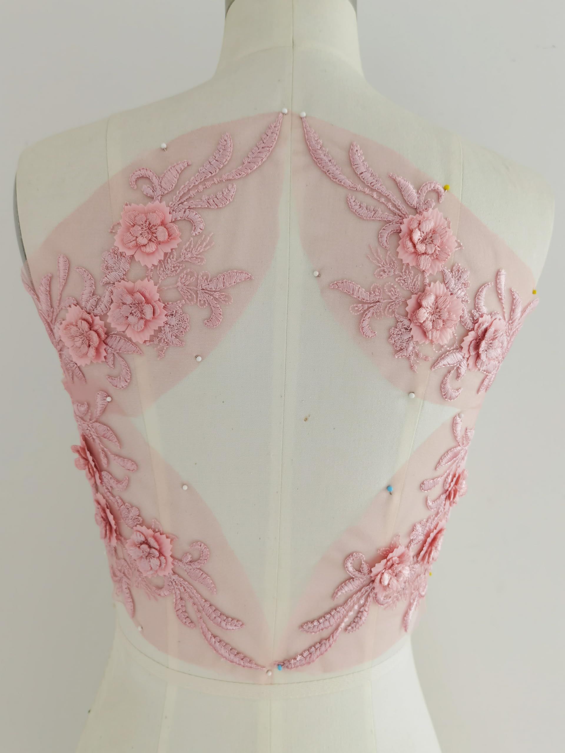 3D Lace Appliqué, Floral Patch for Clothes, Embellishment with Rhinestones, Dark Pink