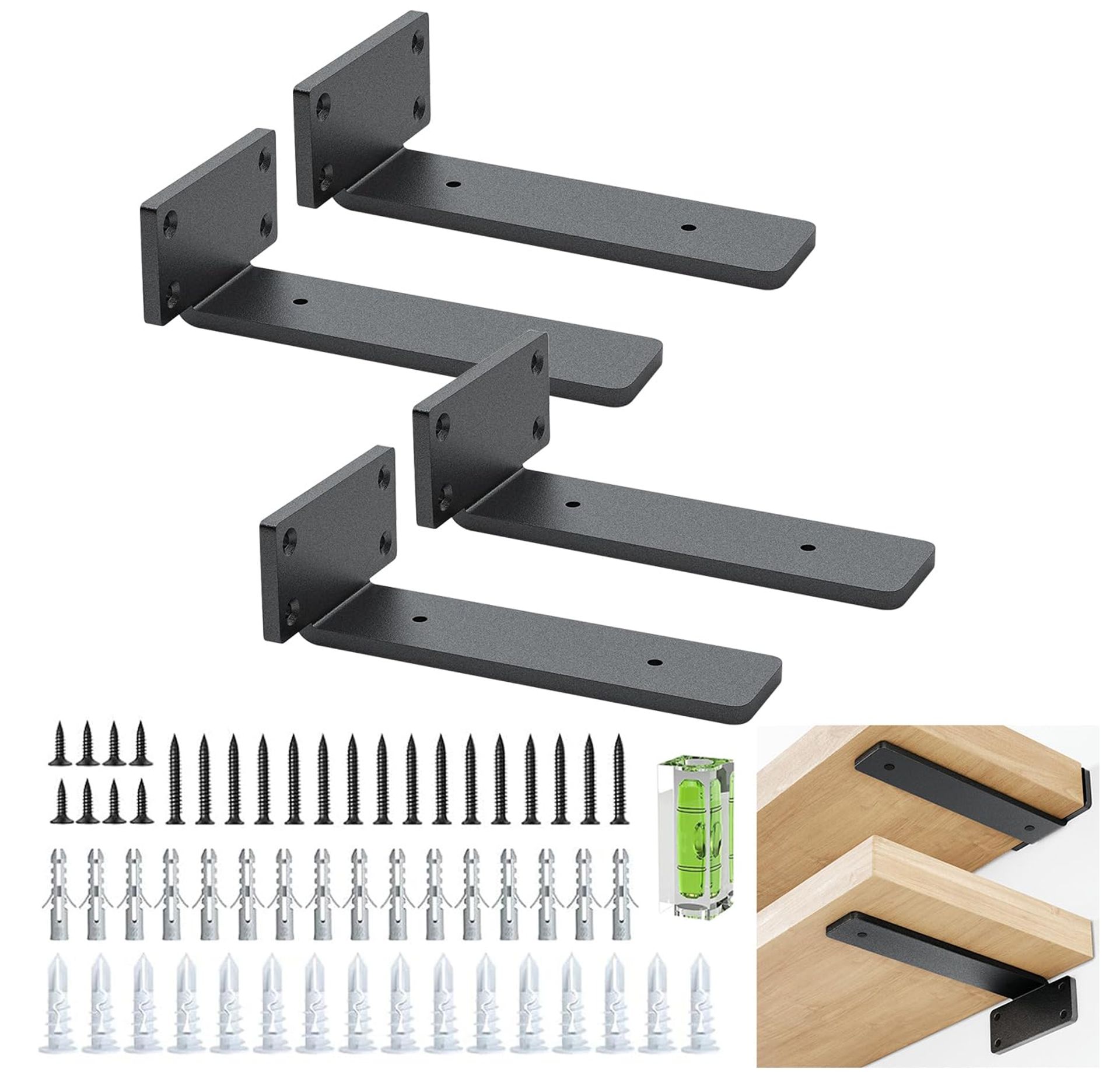 Wall Shelf Brackets Heavy Duty Metal L Shaped Supports for Wall Mounting 4 Pack - Black 20cm