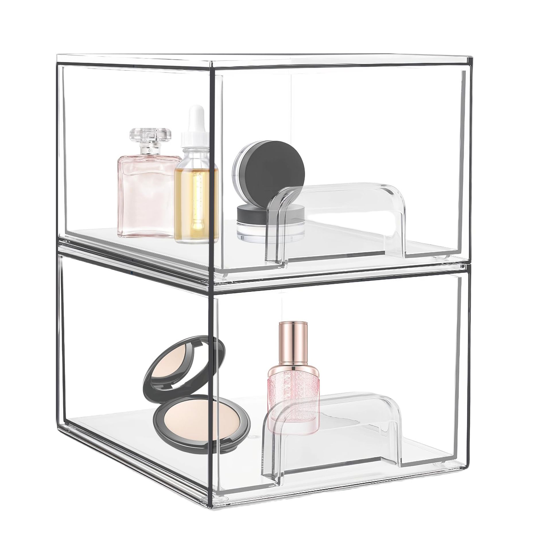 PTJJXA 2 Pack Stackable Storage Drawers, Makeup Organiser, 19x15.3x11.2 cm, Clear Acrylic Organiser, Non-Slip Mat (B)