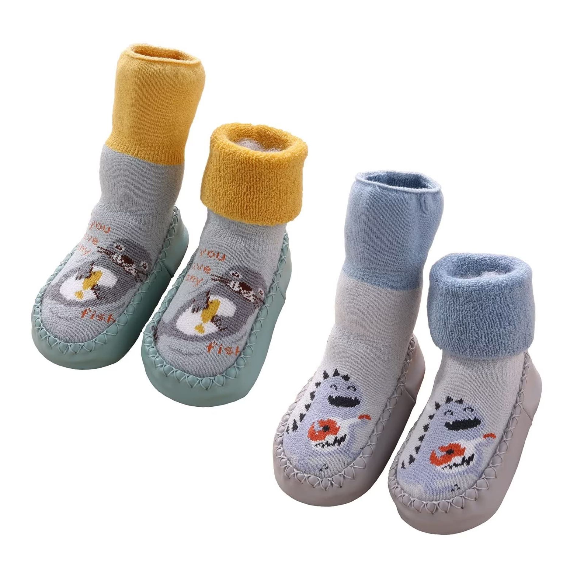 Baby Slipper Socks Soft Cotton Indoor Shoes Non-Slip Sole for Toddlers - Seal Green Dinosaur Blue 18-24 Months