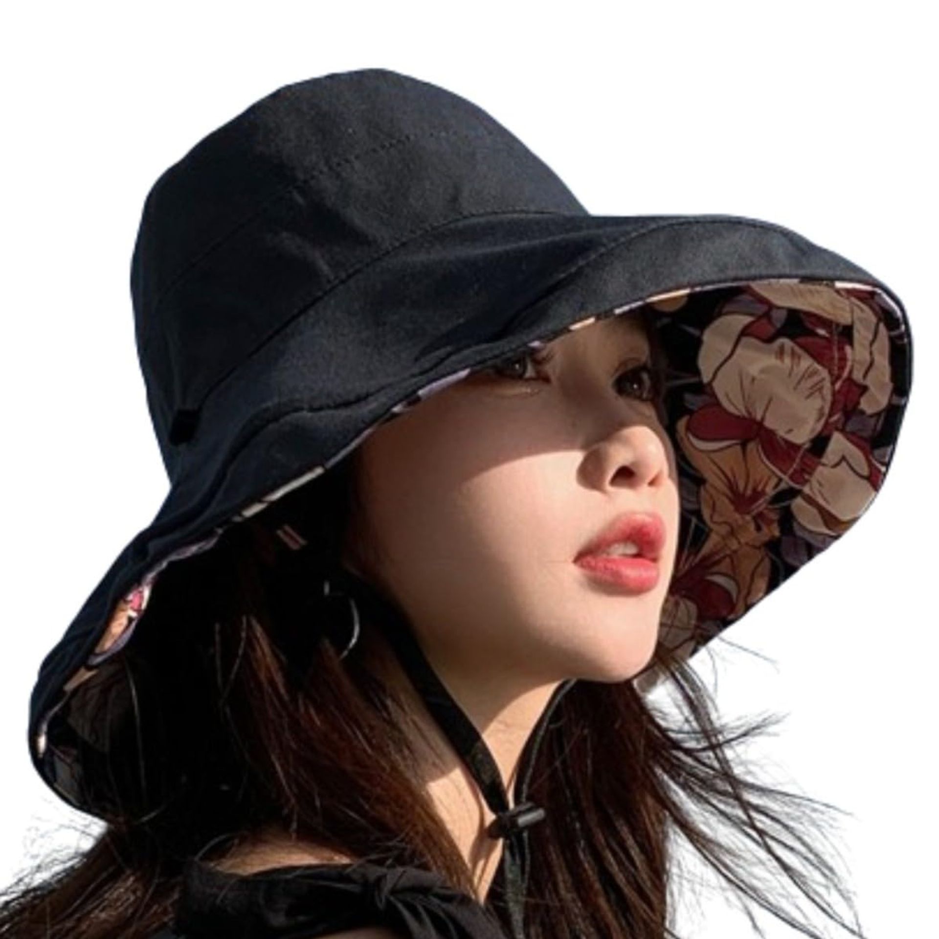 Women's Reversible Bucket Hat Summer UV Protection Wide Brim Foldable Travel Beach - Black One Size Floppy