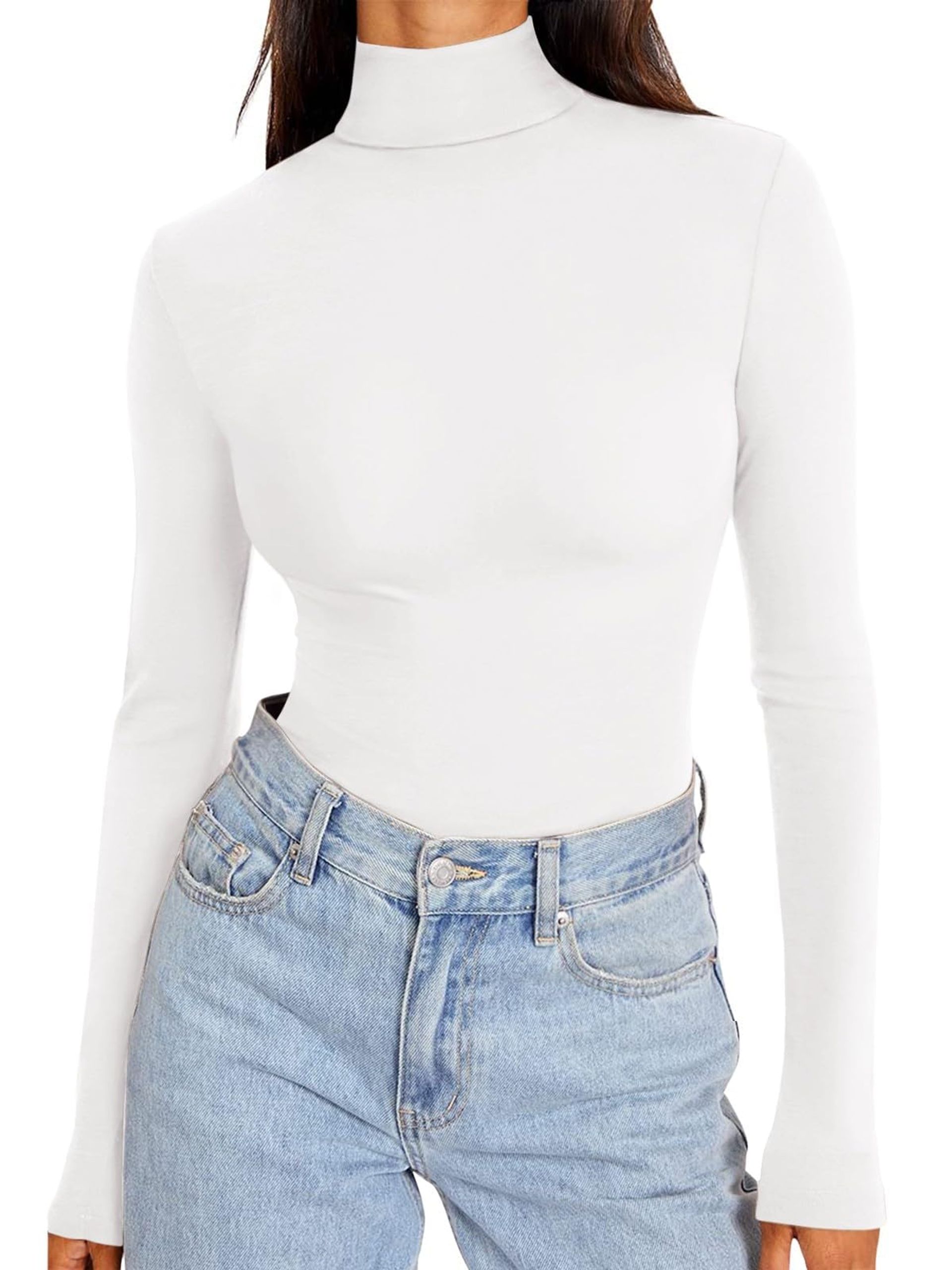 Women's Mock Turtle Neck Top Long Sleeve Double Lined Thermal Layering Shirt - White Large